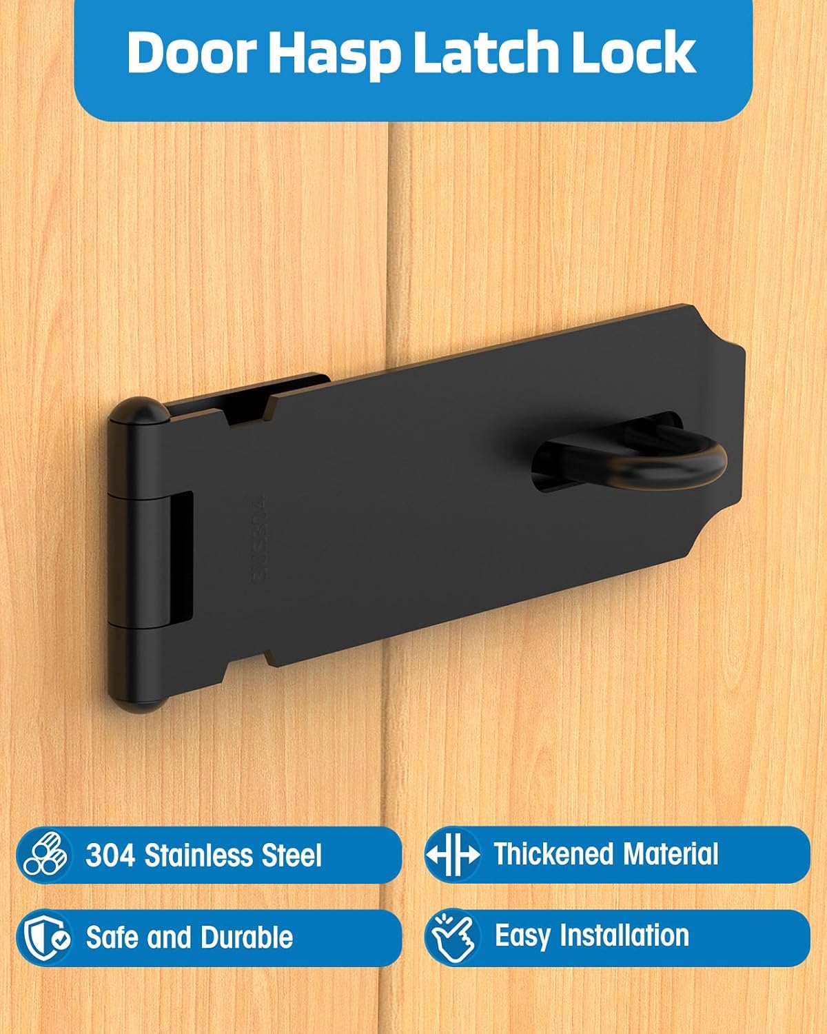 5 Inch Door Hasp Lock Latch, 304 Stainless Steel Shed Door Padlock Latches for Barn, Gate, Cabinet, Patio, Drawer (Black - 2pcs)