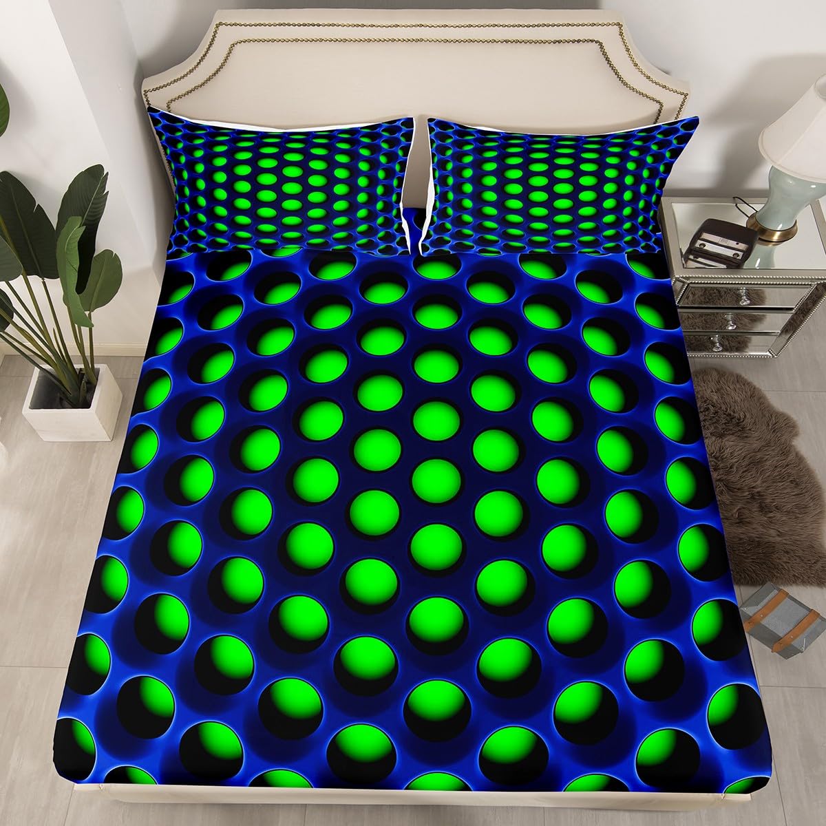 Erosebridal Navy Blue Green Boys Bedding Set Full Neon Geometric Kids Fitted Sheet,Teen Men Retro 3D Abstract Honeycomb Bed Sheets Geometry Beehive Bed Set,2 Pillow Cases