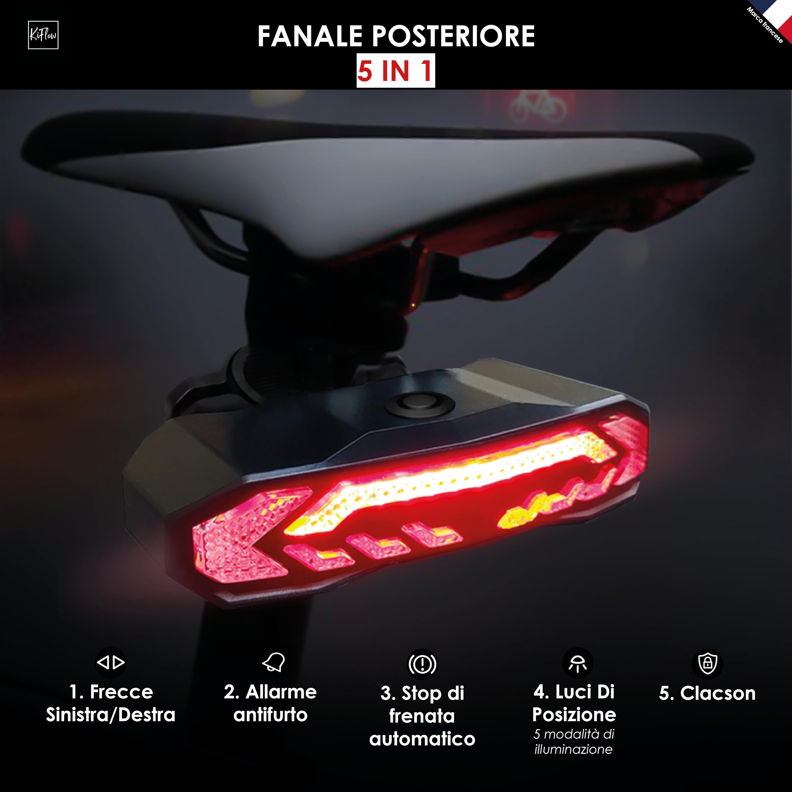 KIFLOW Luce Posteriore Bici con Frecce per Bici Elettrica e Allarme