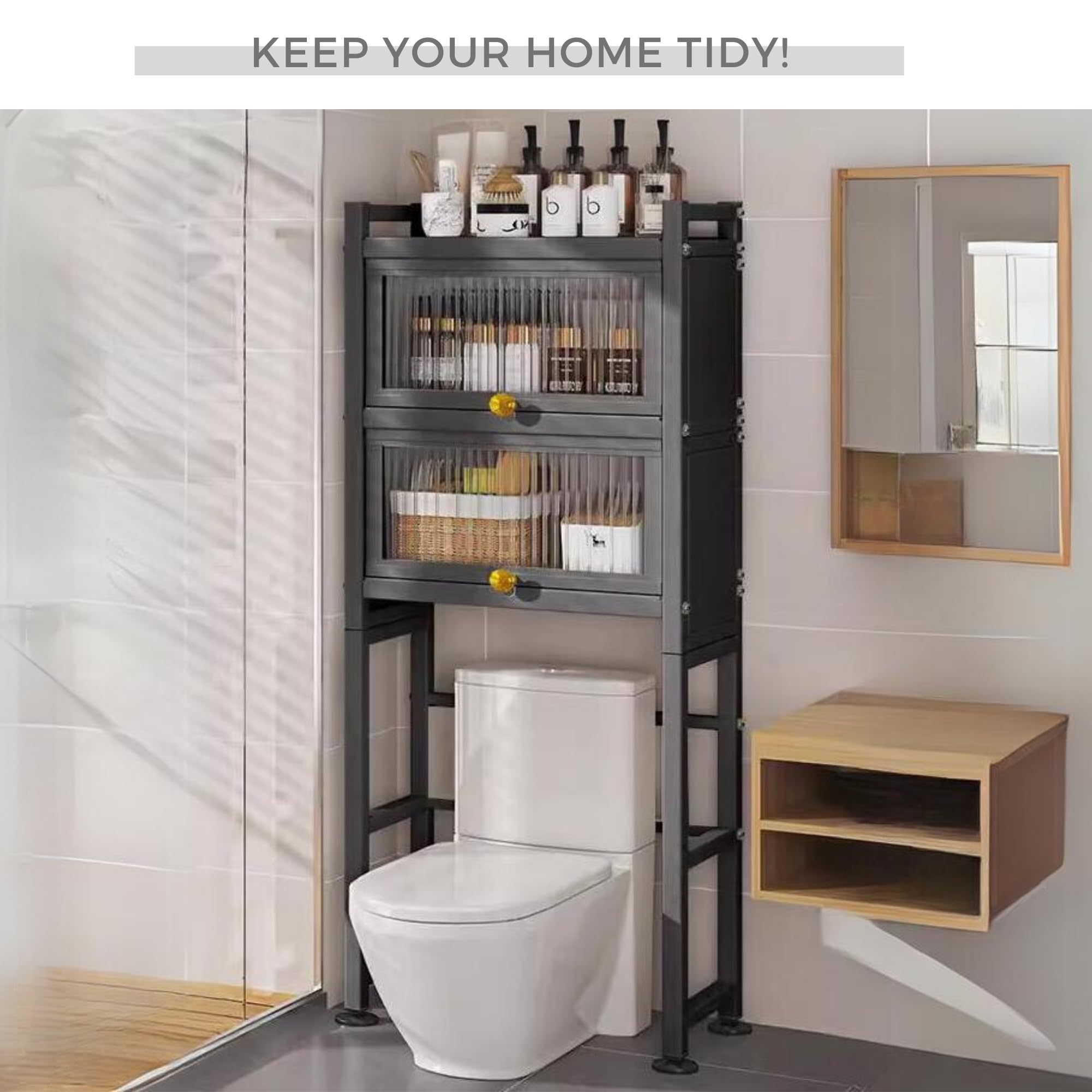 MAGIC SELECT Estantería sobre Inodoro con Puertas Abatibles | Estante de WC Organizador Multiusos | Estantería de Almacenamiento de Baño | Ahorra Espacio con 3 Niveles | Patas Ajustables en Altura.
