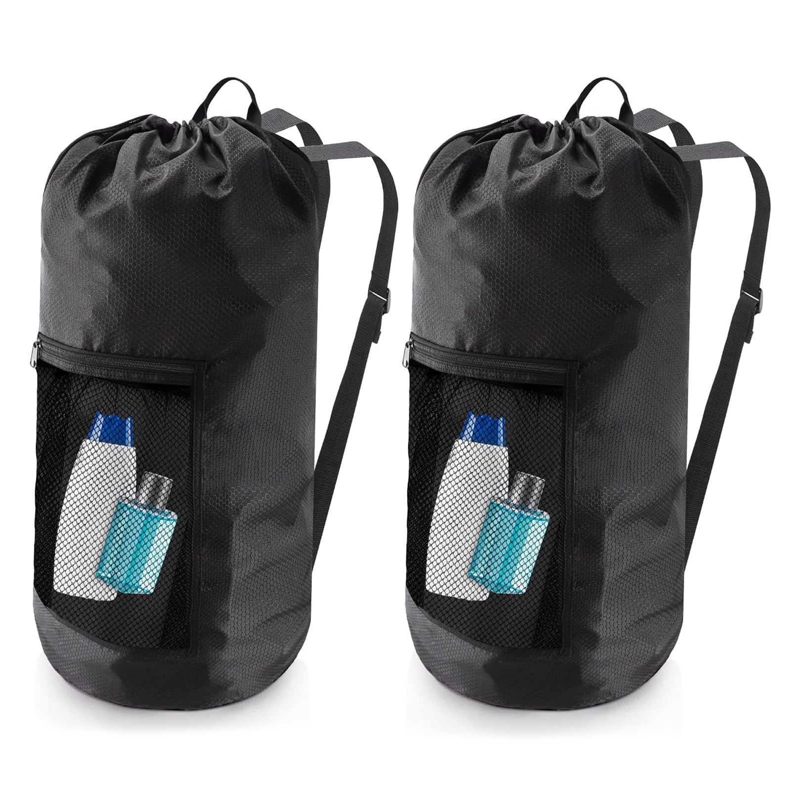Olosar Wäschesack Rucksack, extra großer Reise-Wäschesack mit Netztasche und verstellbaren Schultergurten, schmutzige Kleidung, Reisetasche für Studenten, Wohnheim, Wohnung, Schwarz, 2 Stück