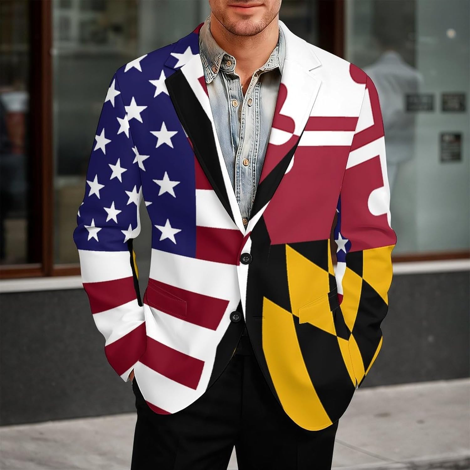 U.S.A. and Maryland State Flag Trendy Men's Two Button Suit Funny Casual Slim Fit Blazer Coat Tuxedos Jackets