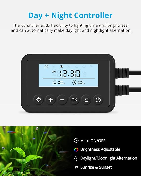 NICREW SkyLED Plus Aquarium Plant Light, Freshwater Fish Tank Light with Ramp Up and Dim Down, Spectrum Adjustable and Lighting Schedule Programmable with Controller, 12-18 Inches, 11 Watts