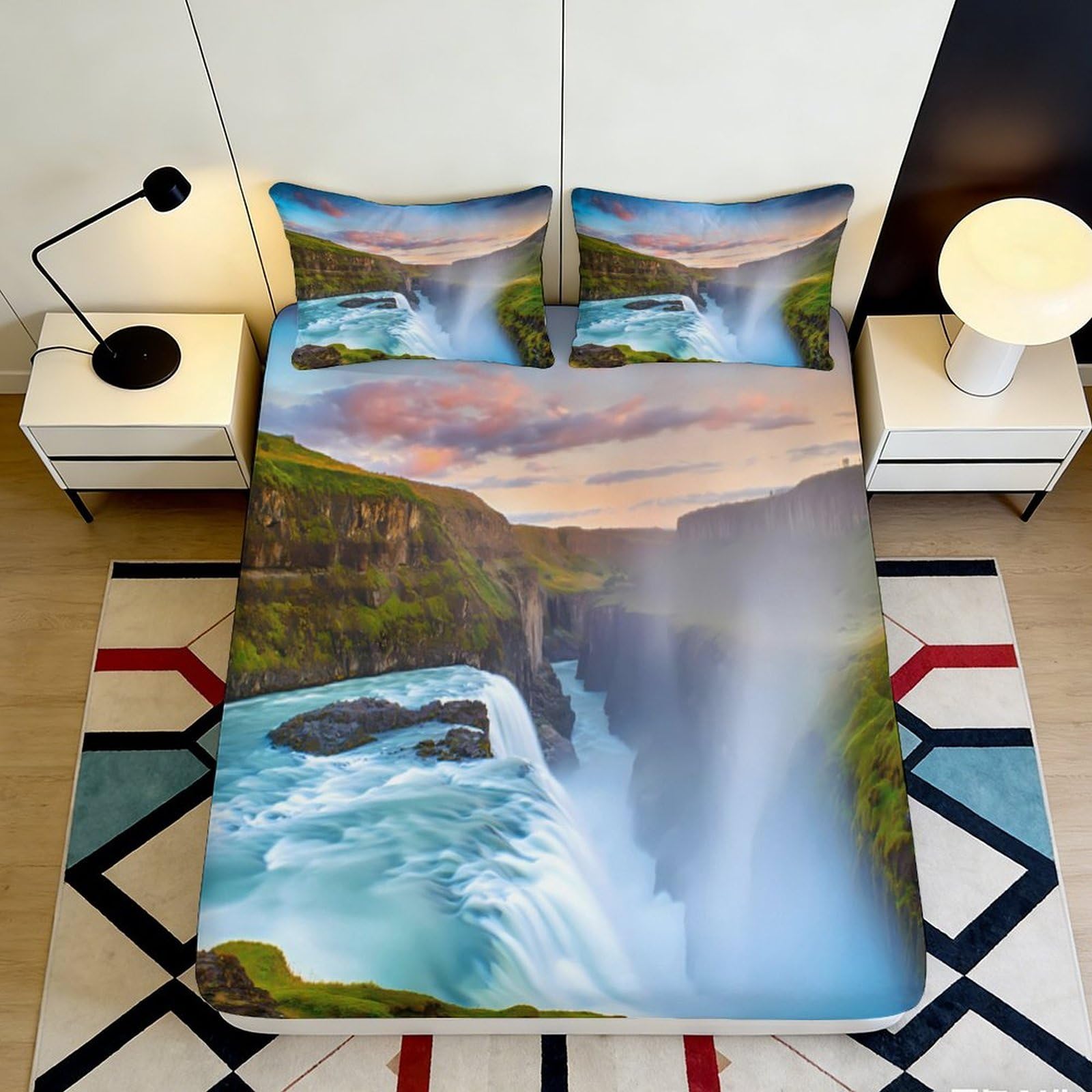3D Printed Waterfall Landscape Fitted Sheet Microfiber Scenic Bed Sheet for Bedroom Decor Dorm Mattress Protection 90x200x25cm