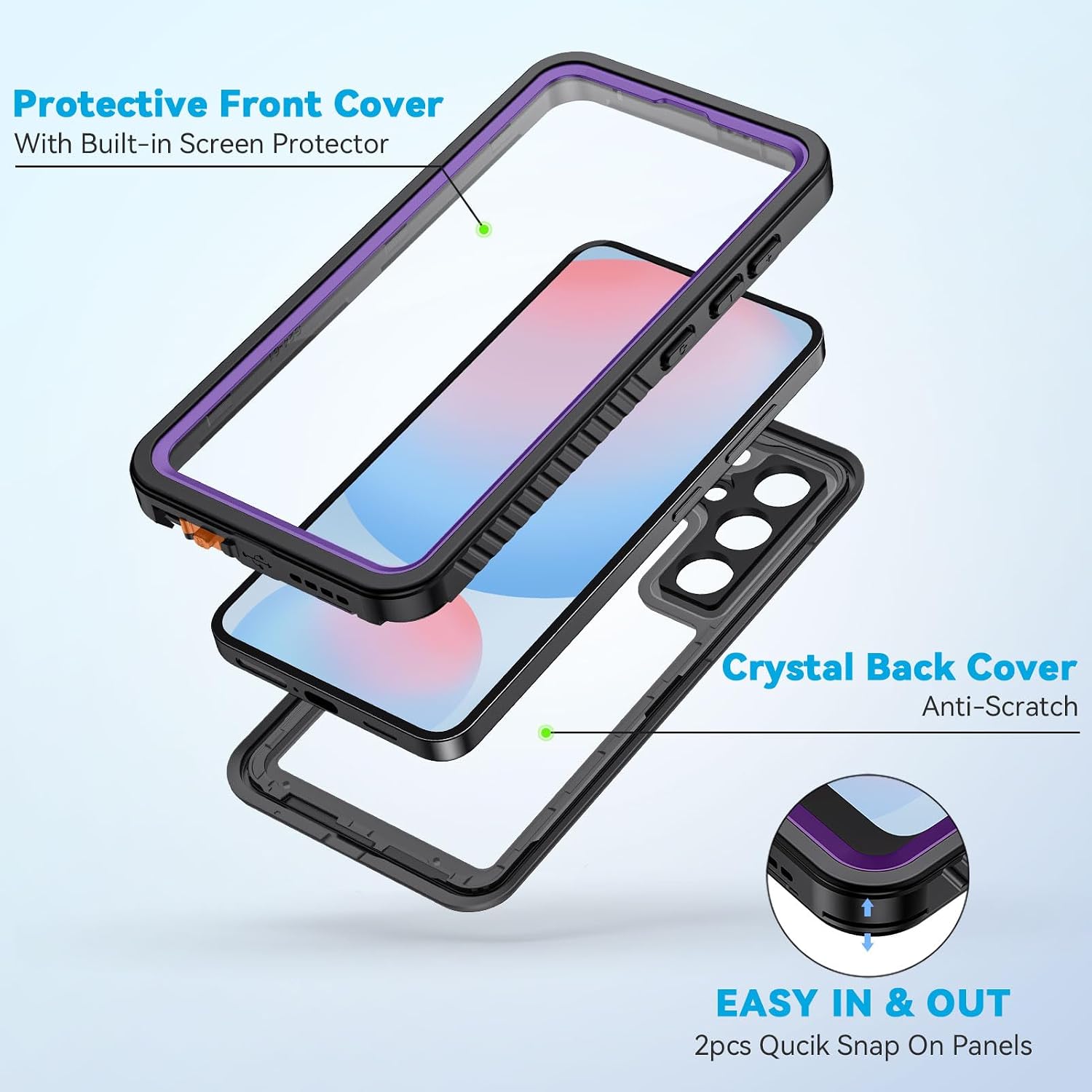 Lanhiem for Samsung Galaxy S24 FE Case, IP68 Waterproof Dustproof, Built-in Screen Protector, Heavy Duty Shockproof Full Body Protective Phone Case for Galaxy S24 FE 5G 6.7 Inch, Purple/Clear