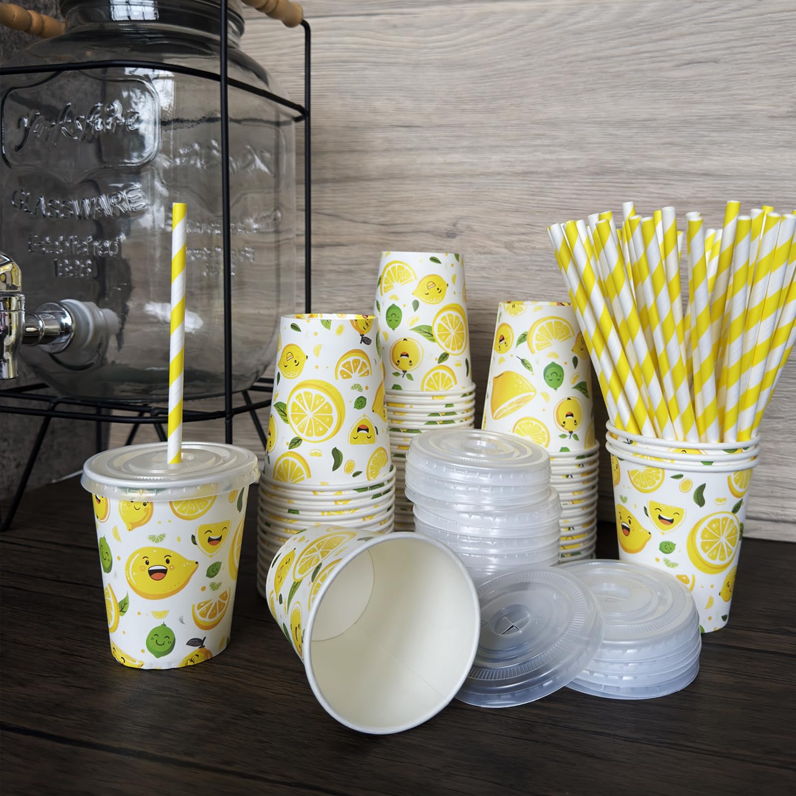 Limonadenbecher mit Deckel und Trinkhalm, Limonadenständer, Zitronenmuster, Sommerkaltgetränke, Einweg-Fruchtsaft-, Kaffee-Pappbecher, Party- und Outdoor-Zubehör, 300 Stück, 300 Stück