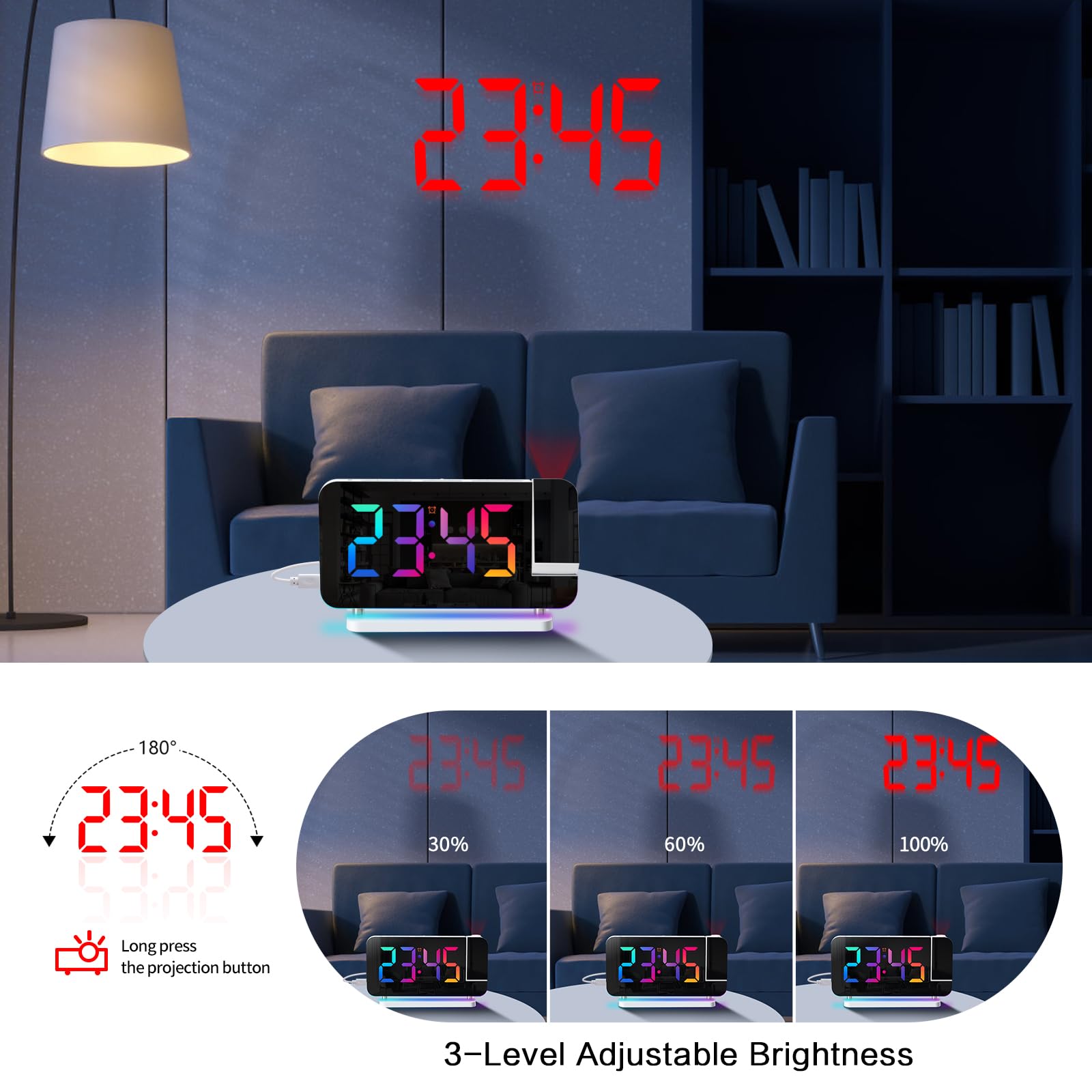 ThreeH Réveil Projecteur LED RGB Coloré avec Surface Miroir Affichage Auto Dimming Volume Réglable Double Port de Charge USB Veilleuse Blanc