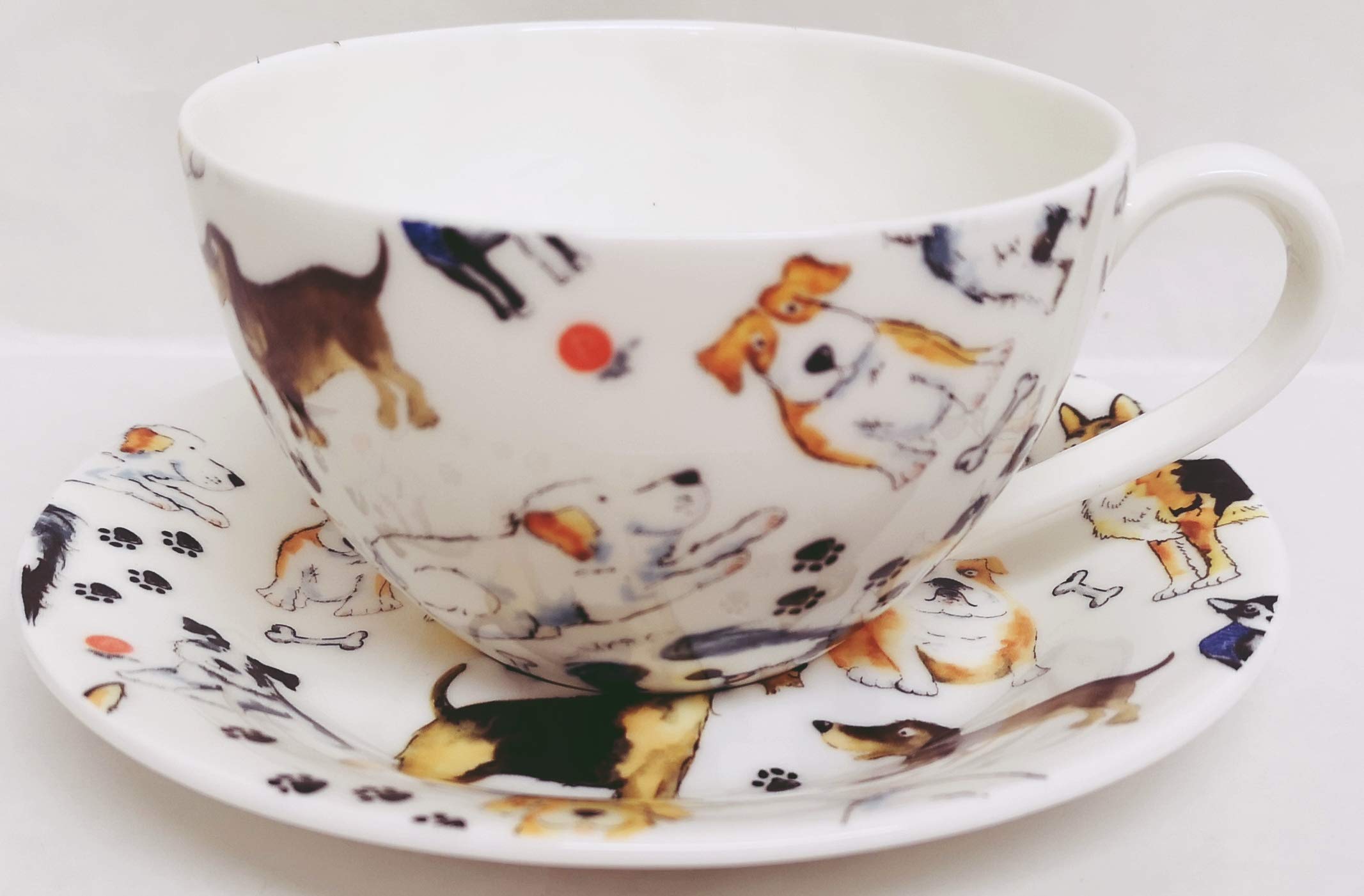 Dogs Breakfast Cup & Saucer Set Fine Bone China Cute Collage Dogs Hand Decor UK