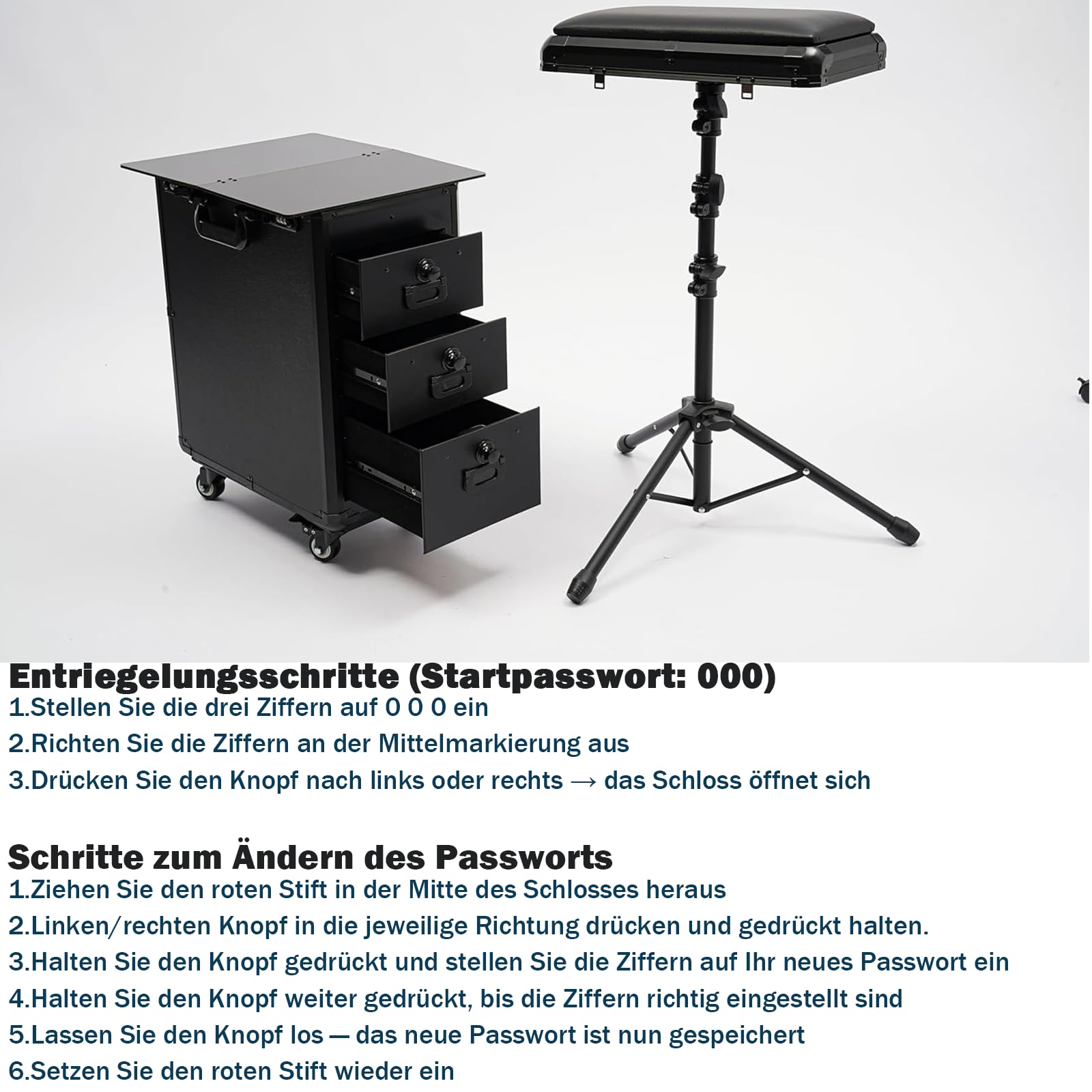 2 in 1 Kosmetikkoffer Trolley mit Armlehnenständer, Make-up Koffer 3 Schubladen & Zahlenschloss, 20kg Tragfähigkeit, rollbarer Nagelkoffer für Friseur, Nagelstudio, Tattoo (Metallplatte)