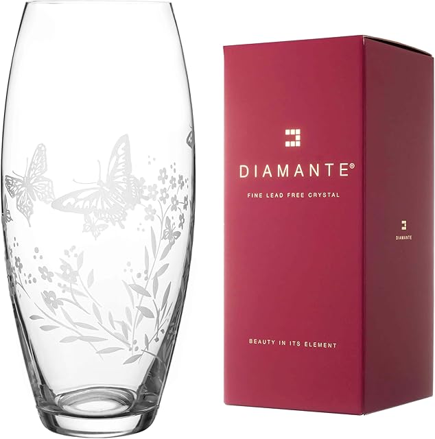 DIAMANTE Butterfly Vase - Etched Butterfly Filigree Wild Flower Floral Pattern - 30cm Clear