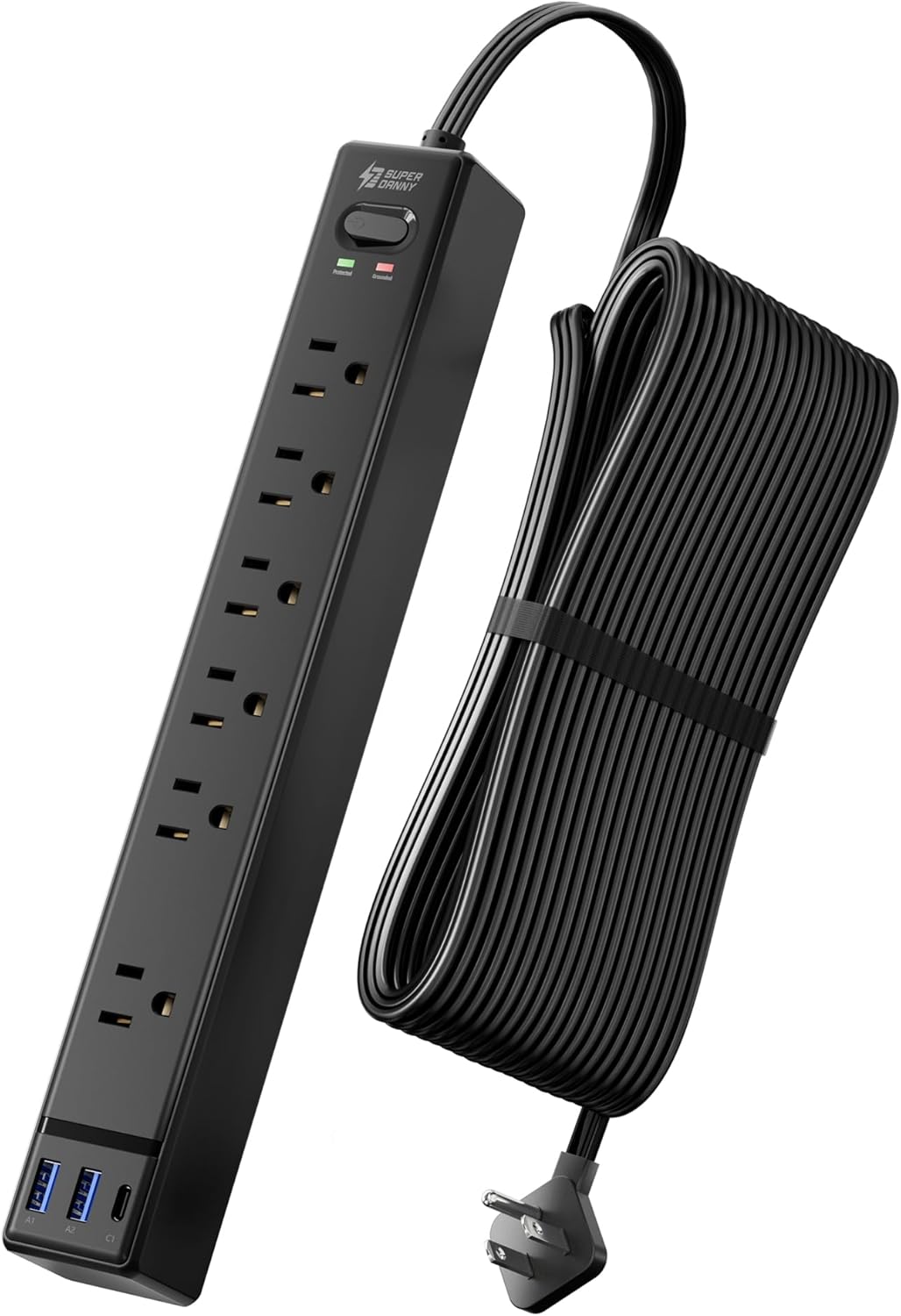 Black Long Extension Cord 20Ft, SUPERDANNY Flat Plug Surge Protector Power Strip with 6 Outlets & 3 USB Ports, Power Bar for Home Office, Dorm Room