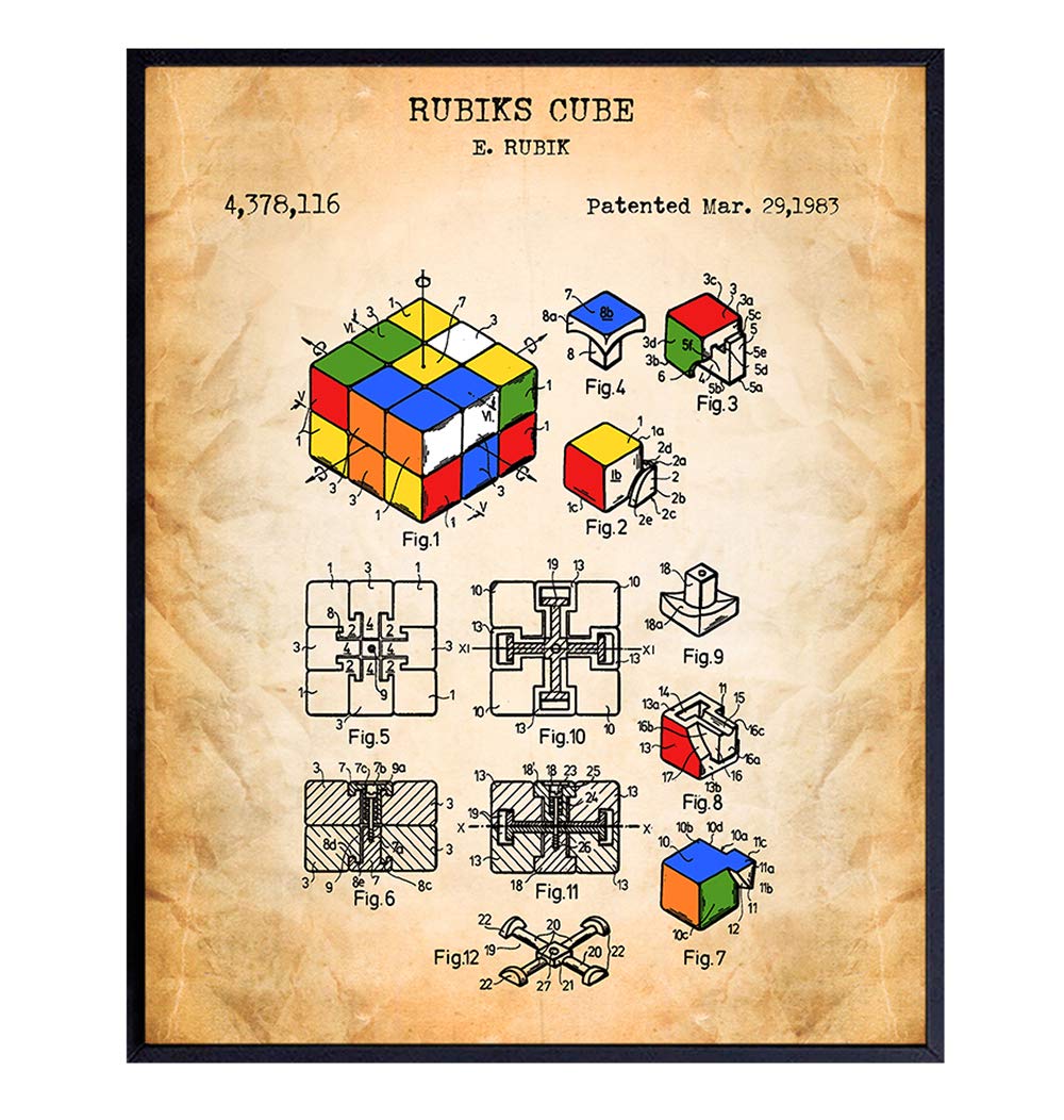 Rubiks Cube Vintage Wall Art Poster - 8x10 Patent Art Print - Chic Rustic Home Decor for Kids, Teens Room, Family or Game Room, Den, Office, Dorm - Gift for Nerds, Gamers, Puzzle Fans
