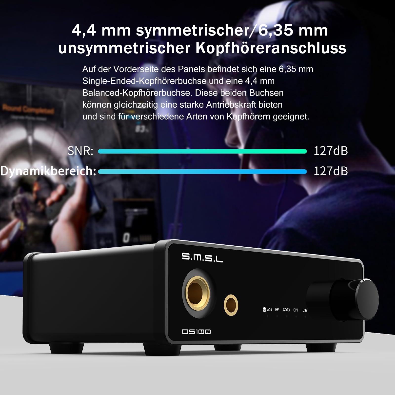 SMSL DS100 USB MQA DAC mit CS43131 Chip 6,35 mm/4,4 mm Kopfhörerverstärker | Unterstützt MQA-CD XMOS XU-316 32 Bit/768 kHz DSD256 USB/optischer/koaxialer Eingang Mini USB DAC Für Heim-Audio/PC/Telefon
