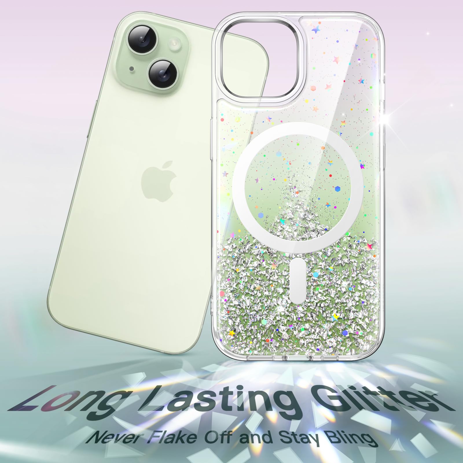XTCASE Magnetica Cover per iPhone 15 Compatibile con MagSafe, Custodia Glitter Brillantini Bumper Morbido TPU e Hard Silicone Antiurto Resistente ai graffi Donne Ragazze Case, Bianco