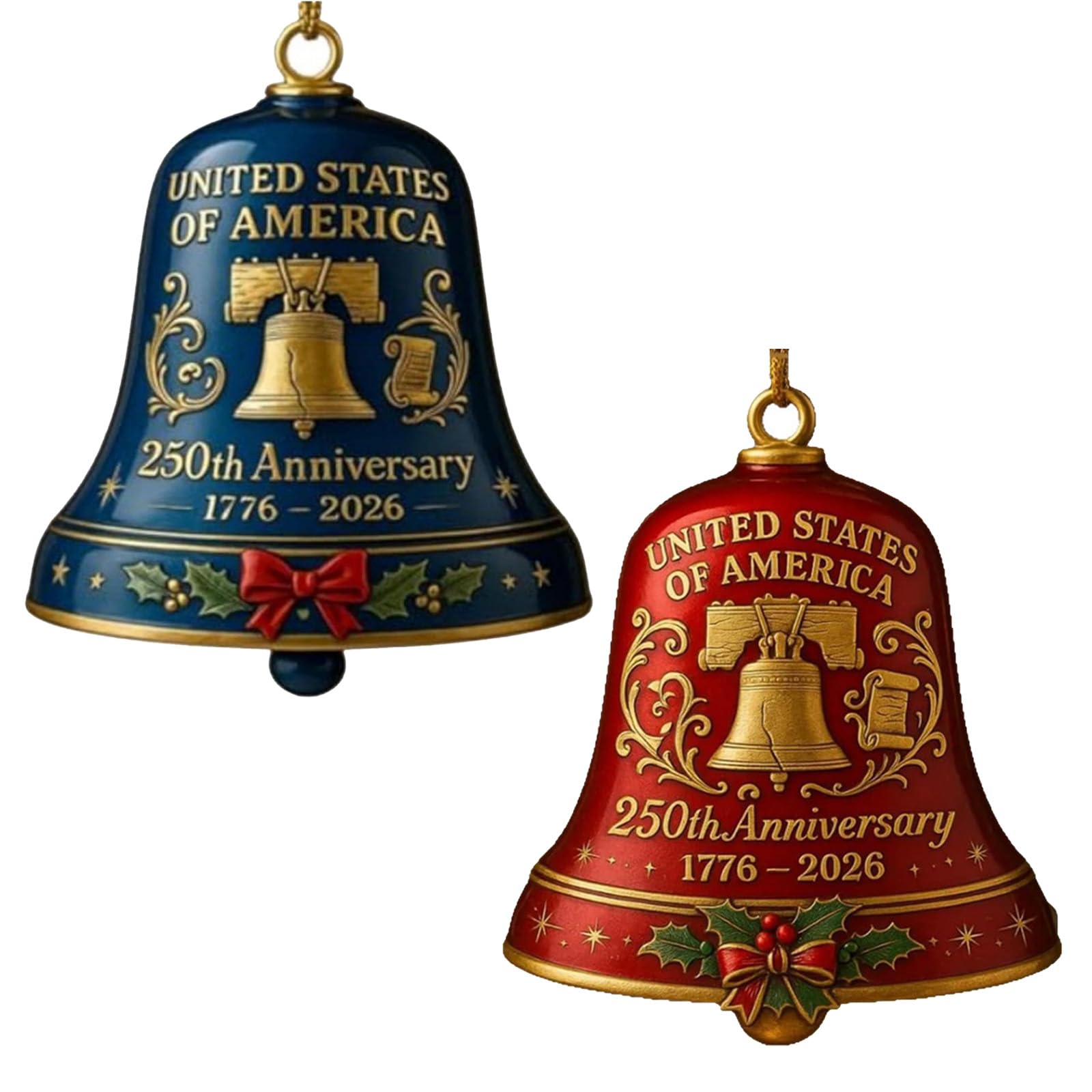 States 250th Anniversary Bells Ornament Christmas Bells for Holiday, Christmas Tree, Decors Patriotic Collector Gift Commemorative Guarder Doorbell