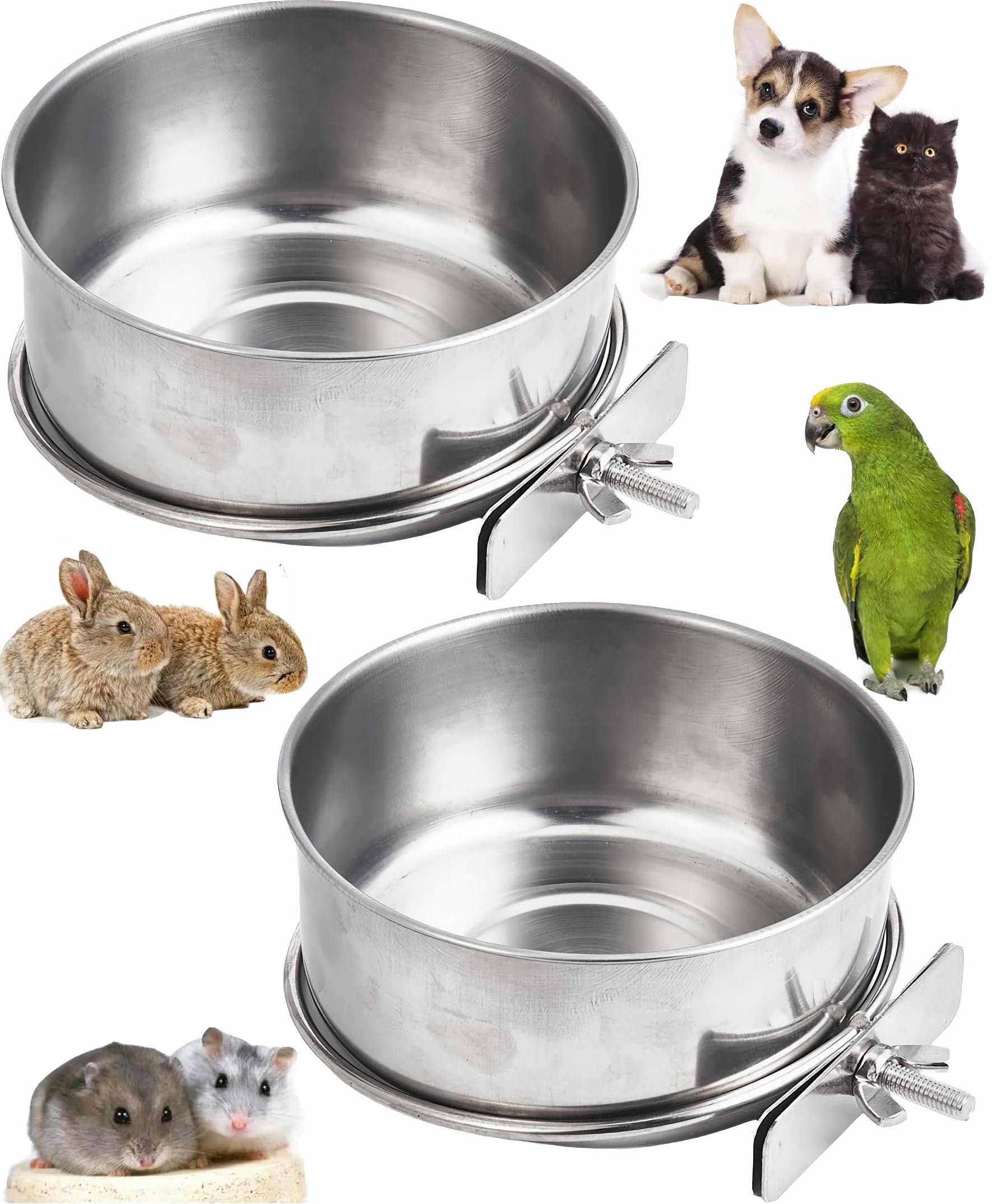 2Pcs Parrot Food Water Bowls,Bird Bowls for Cages,Stainless Steel Pet Hanging Bowl,Parrot Bowls for Cage with Clamp for Bird Hamster Small Pet Cages