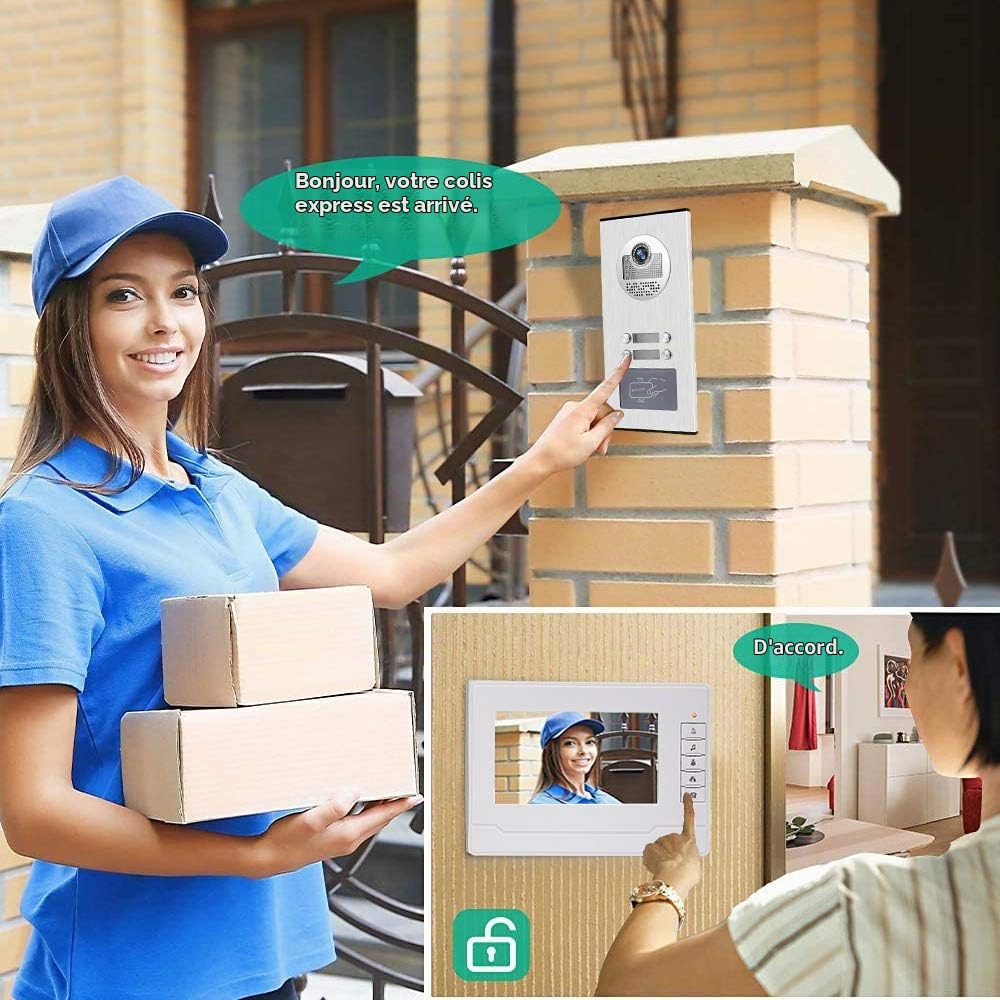 7 RFID avec Interphone Vidéo 4 Moniteurs + Caméra Extérieure IR 700TVL Vision Nocturne Haute Résolution Prise en Charge de 500 Utilisateurs pour Sppartements/Familles