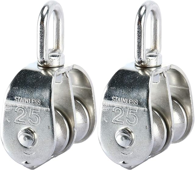 DasMarine 2 Pack Double Pulley Block in 304 Stainless Steel Crane Swivel Hook Double Pulley Roller Loading (M25)