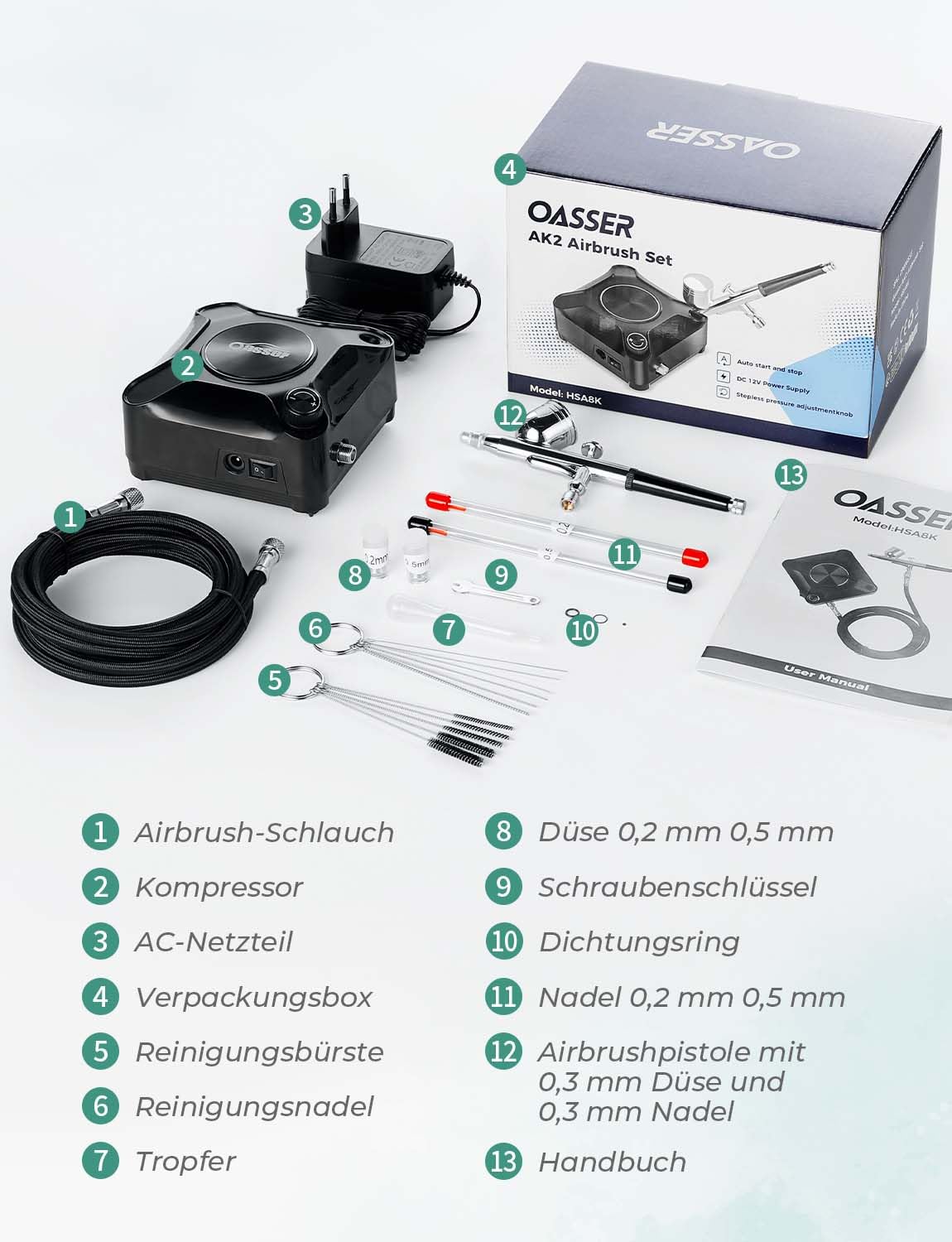 Oasser Zestaw Aerografu 2-36 PSI - Kompresor z Regulacją Ciśnienia, 3 Dysze 0.2/0.3/0.5 mm, Dwustronny Pistolet do Modelarstwa, Makijażu, Samochodów, Ciast i Tatuaży