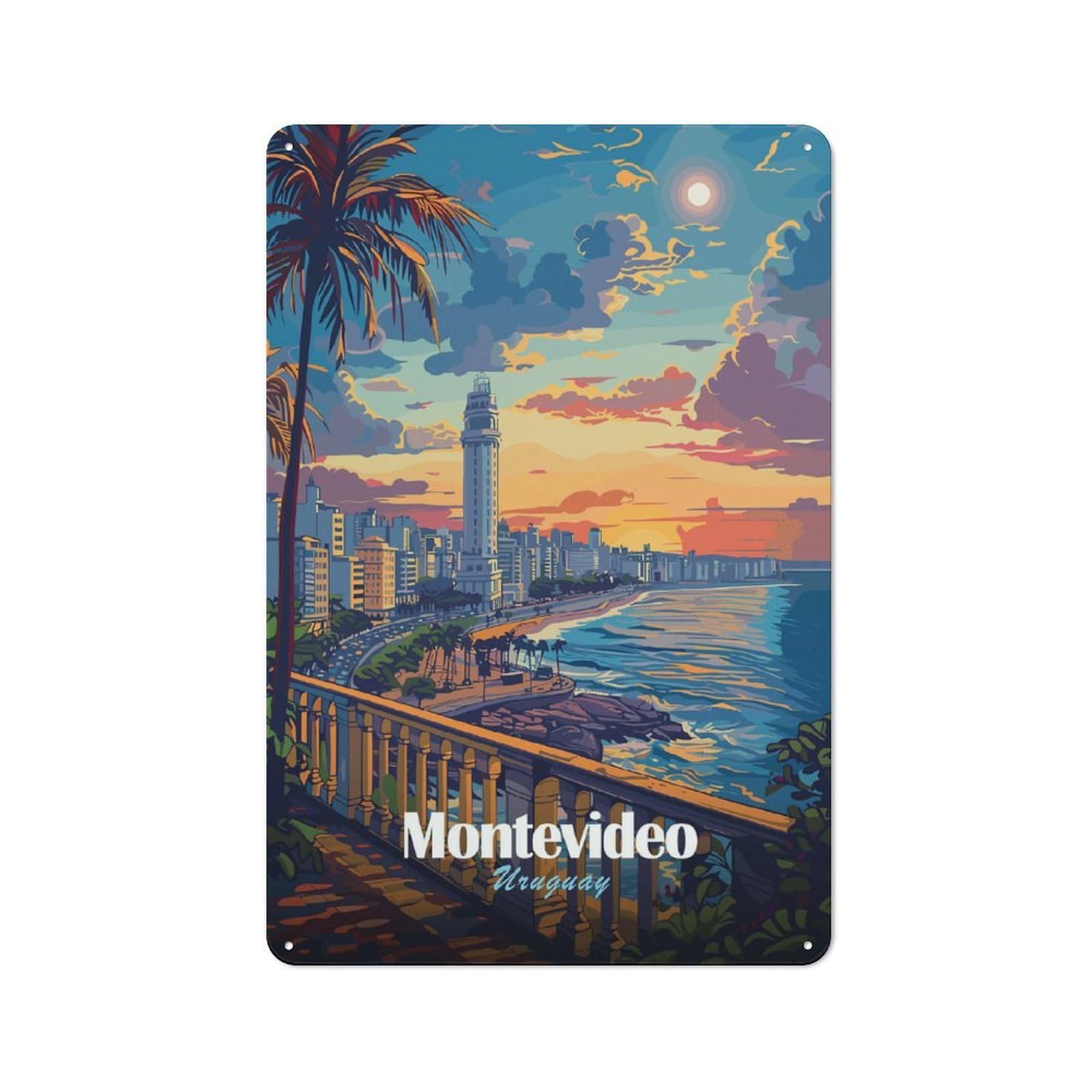 Nostalgic Decorative Tin Sign 30x20cm Featuring Montevideo Uruguay Cityscape at Sunset, Old Style Wall Plaque for Kitchen, Hallway, Bar Or Small Cafe