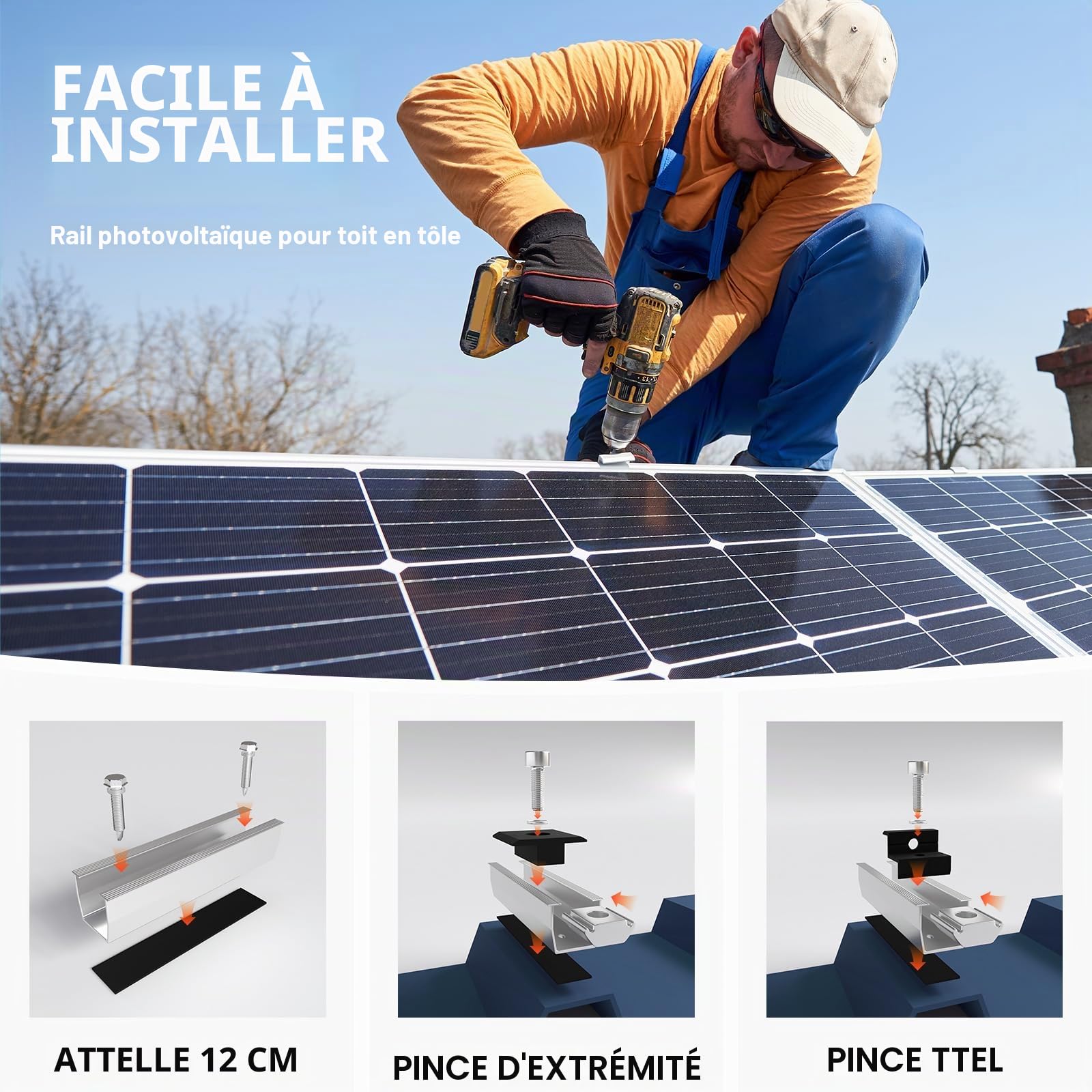 Support de module solaire - Fixation pour panneau solaire - Support de toit plat - Avec rail en aluminium de 12 cm et pince noire réglable de 30 à 35 mm - Pour 4 modules