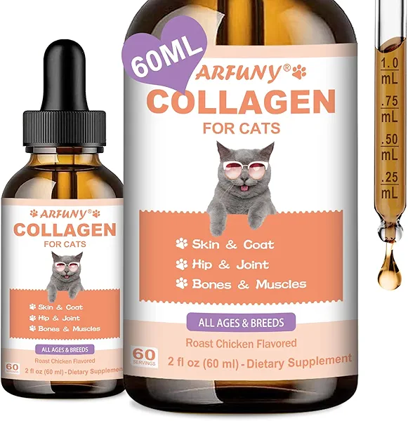 Collagen for Cats - Grass Fed Cat Collagen Drops - Cat Joint Supplement - Skin & Coat, Digestive & Immune Support - Senior Cat Supplement with MSM, Hyaluronic Acid, Biotin - Roast Chicken Flavor