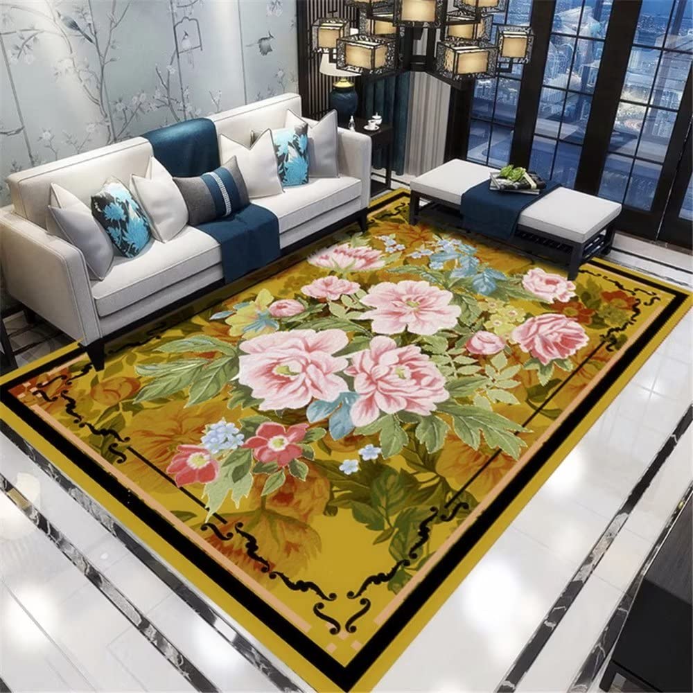 Tapis moderne salon 160x230 cm jaune à motif de plantes et fleurs lavable pour chambre