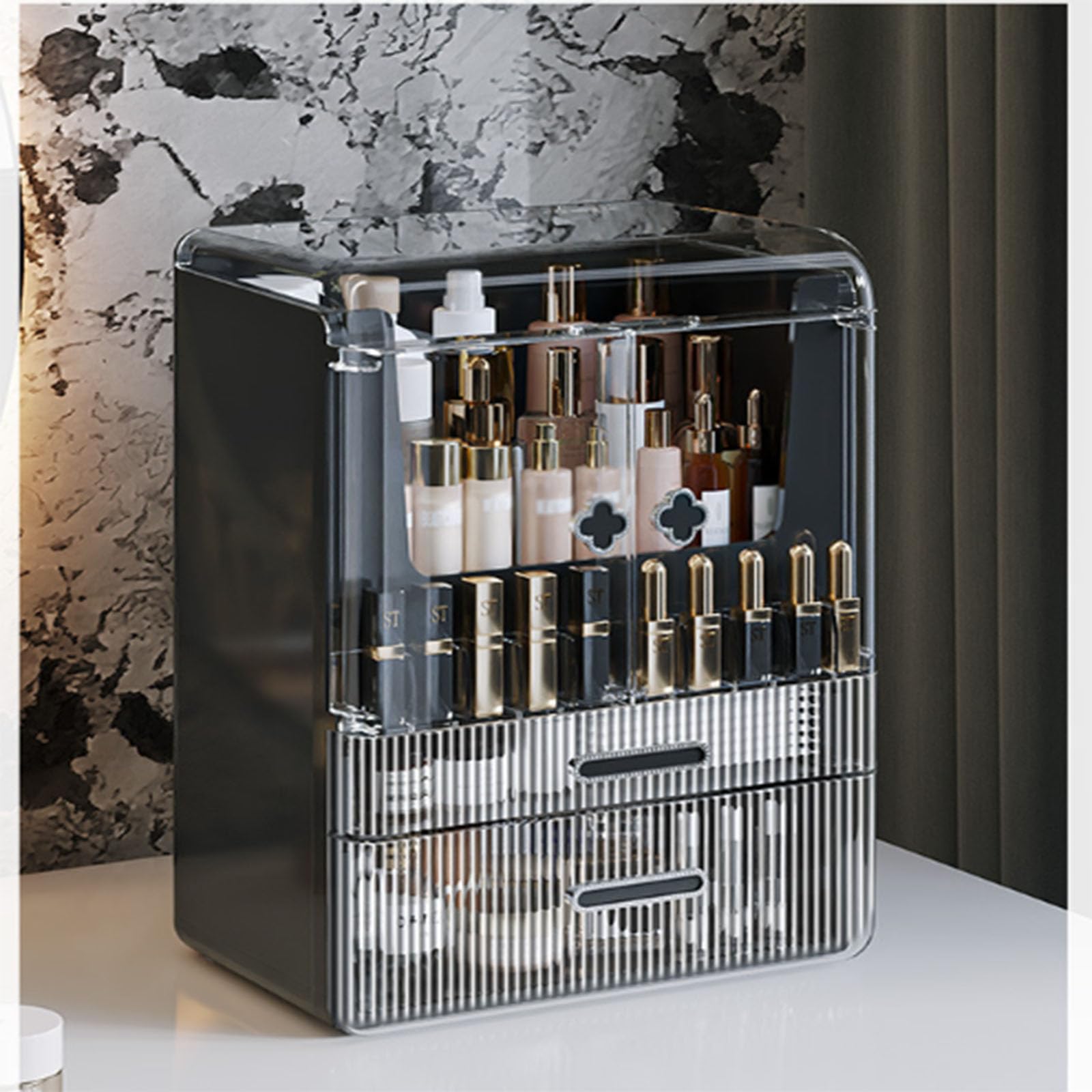 Organizador de Maquillaje Vanity Maquillaje Caja de Almacenamiento de cosméticos Cajones con Tapa de Doble Puerta Transparente Vitrinas portátiles Impermeables a Prueba de Polvo,Negro