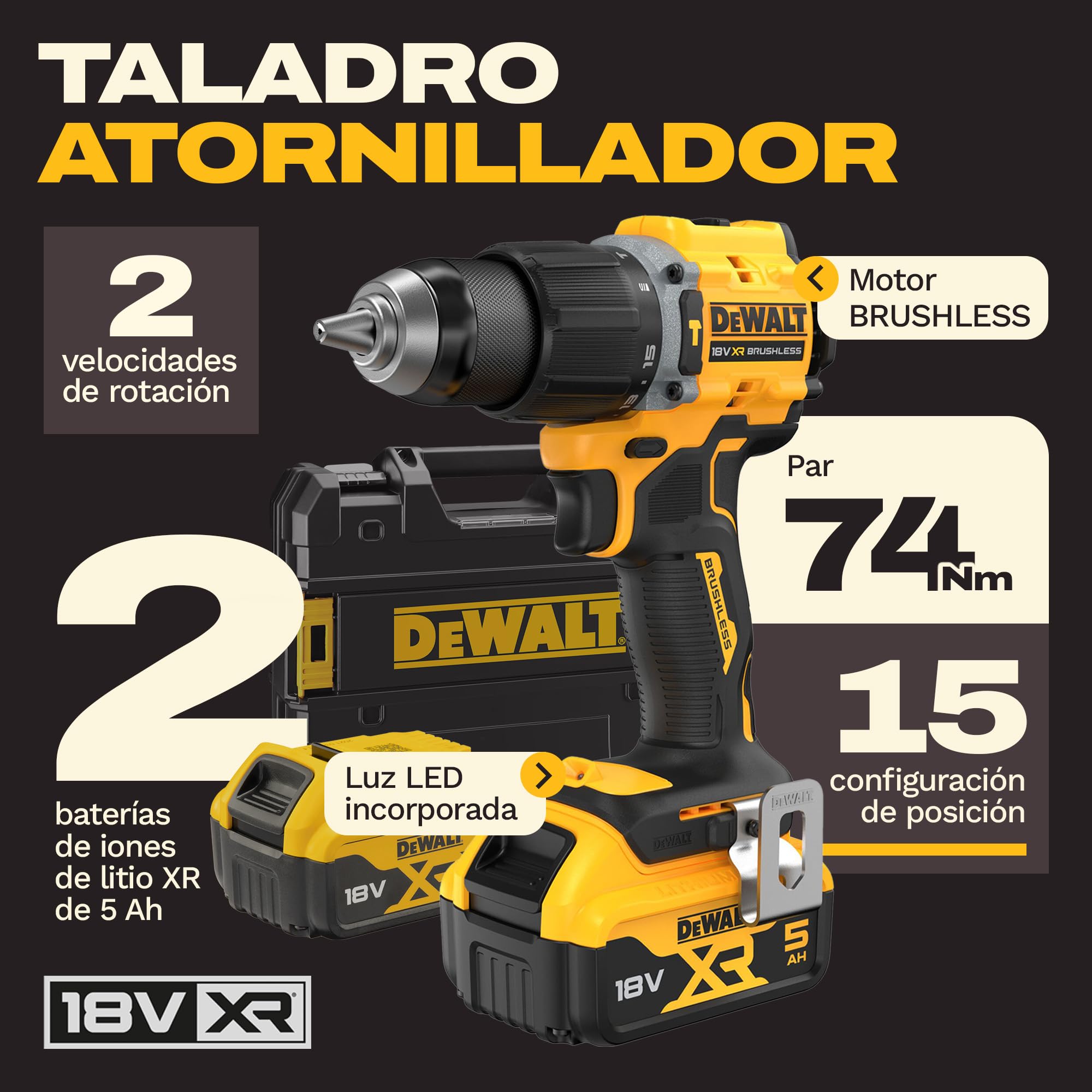 DEWALT Taladro percutor compacto sin escobillas 18V XR con 2 baterías de iones de litio de 5Ah y caja de kit TSTAK, enchufe europeo, DCD799P2T-QW