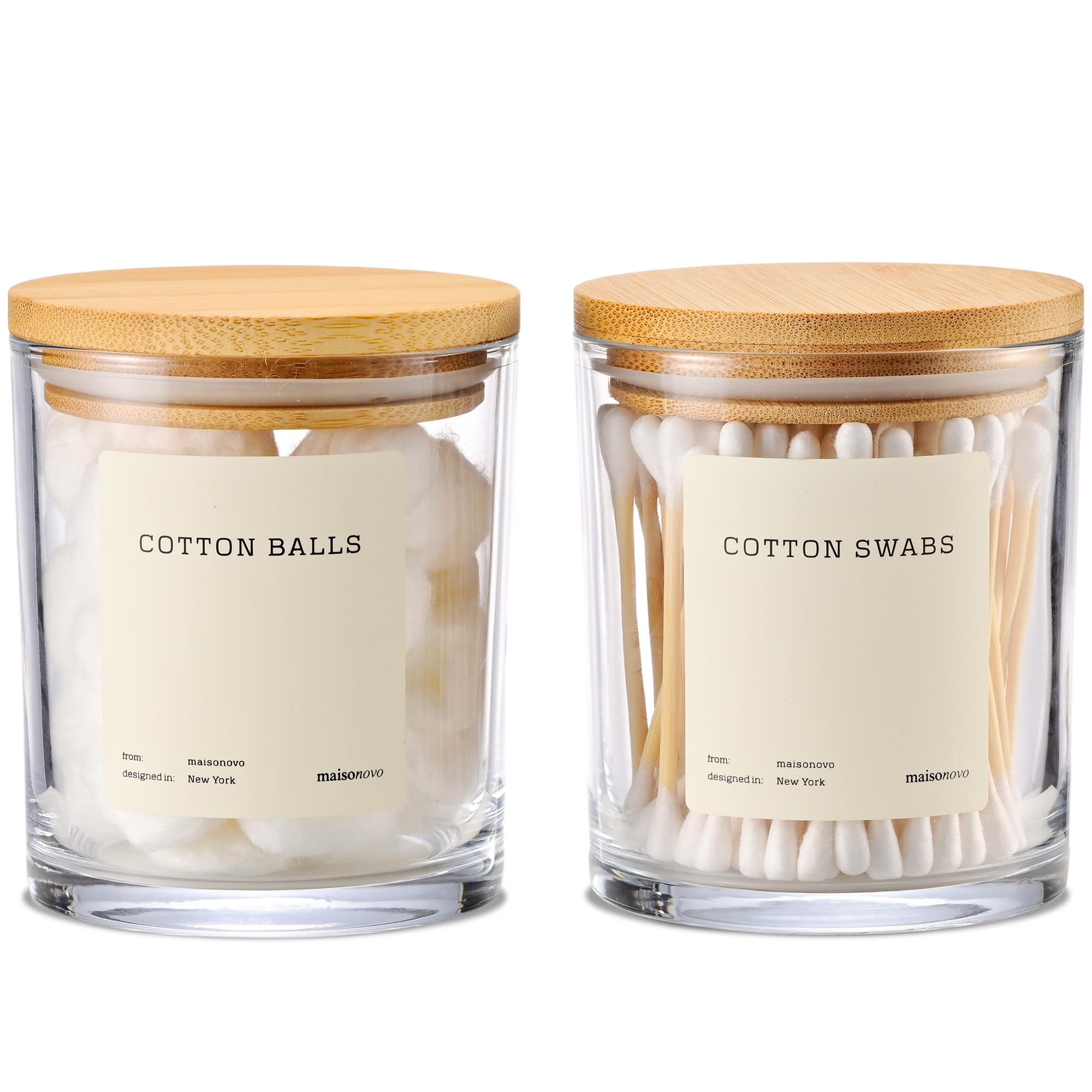 MaisoNovo Cotton Bud Holder Set - Airtight 375 ml Glass Cotton Pad Holder for Q-Tips, Cotton Rounds, Cotton Balls, Floss Picks, Hair Ties with Free Labels Pack - 2 x Clear Jars with Bamboo Lids