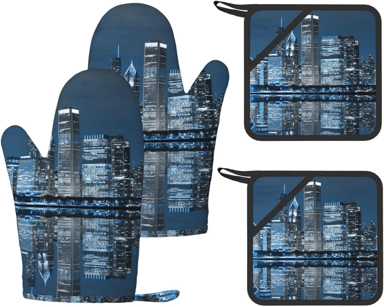 Chicago Reflected Oven Mitts and Pot Holders Set of 4 Heat Resistant Kitchen Gloves with Silicone Palm Hot Pads for Baking Cooking Grilling BBQ