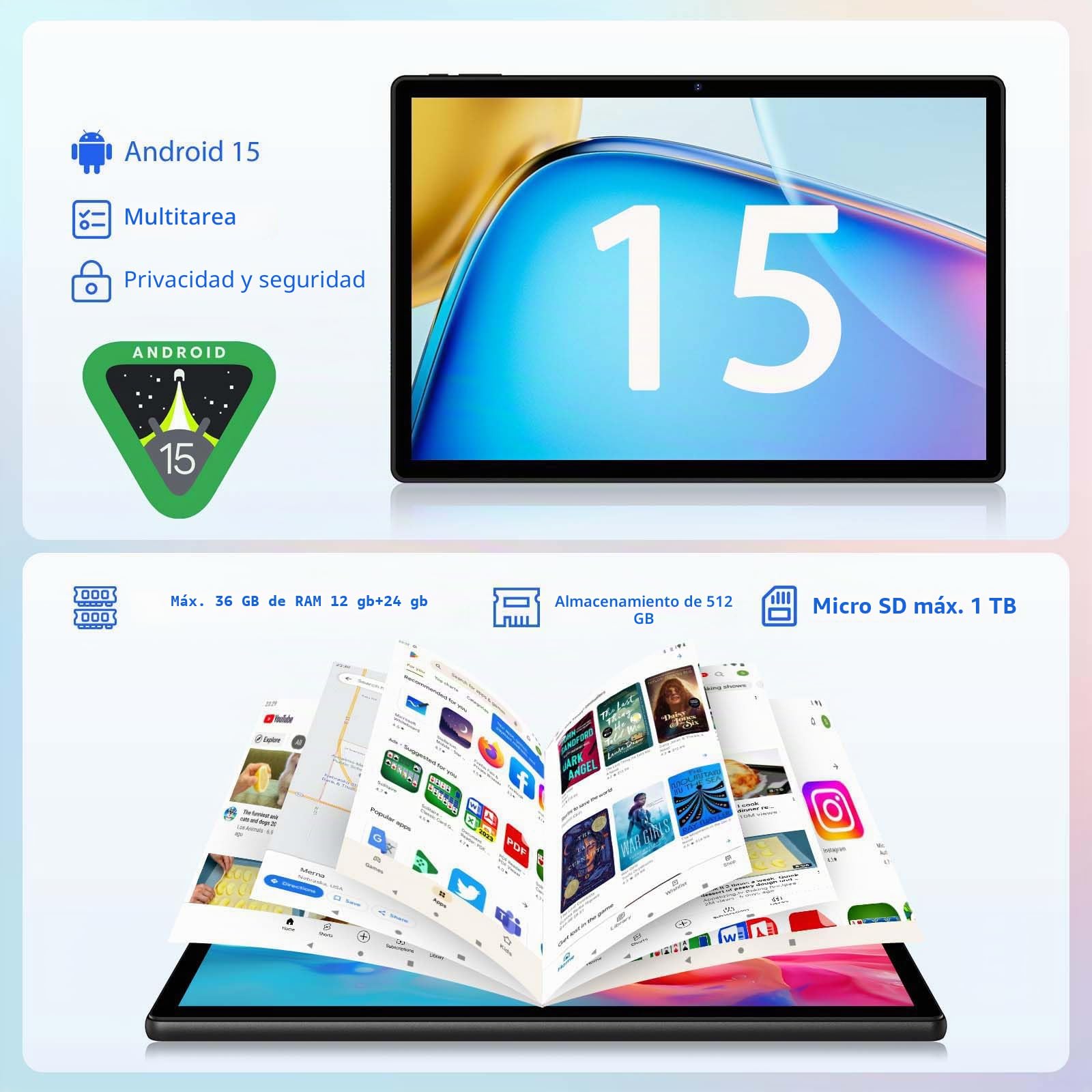 2K Android 15 Tablet 14 Pulgadas, 36GB RAM, 512GB ROM (2TB Expansion), 4G SIM LTE & 5G WiFi, 2000 * 1200FHD, 11580mAh, Octa-Core 2.0GH, 13MP+8MP, Tablet con Teclado/GPS/Bluet 5.0(Negro)