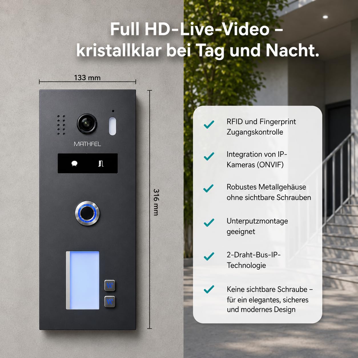 Videoportero WLAN 2 Familia IP Vídeo, estación de Puerta empotrada IP65, Monitor de 7 Pulgadas, cámara HD 130°, Almacenamiento de Foto/vídeo, conmutador PoE