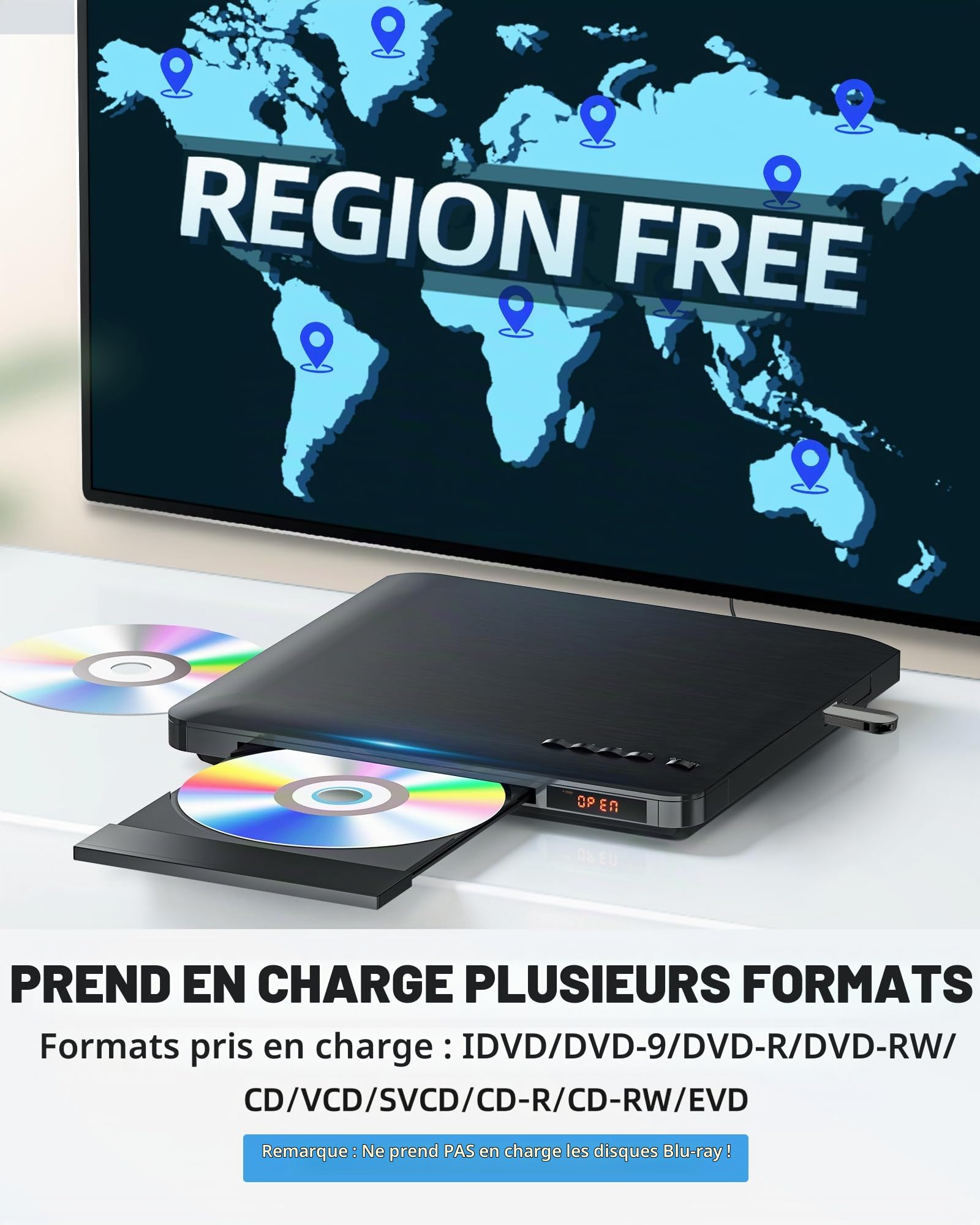 Lecteur DVD pour TV avec HDMI, Lecteur DVD sans région avec système NTSC/PAL, Lecteur de CD pour chaîne stéréo, câbles HDMI/RCA Inclus, télécommande