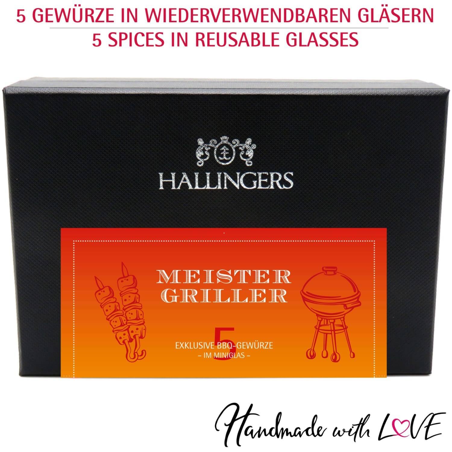 Hallingers Genuss Manufaktur Gewürz Geschenk-Set - 5 Gewürze aus aller Welt in wertiger Geschenkbox mit Rezept-Booklet "Meistergriller", Geschenkidee für Männer Freund