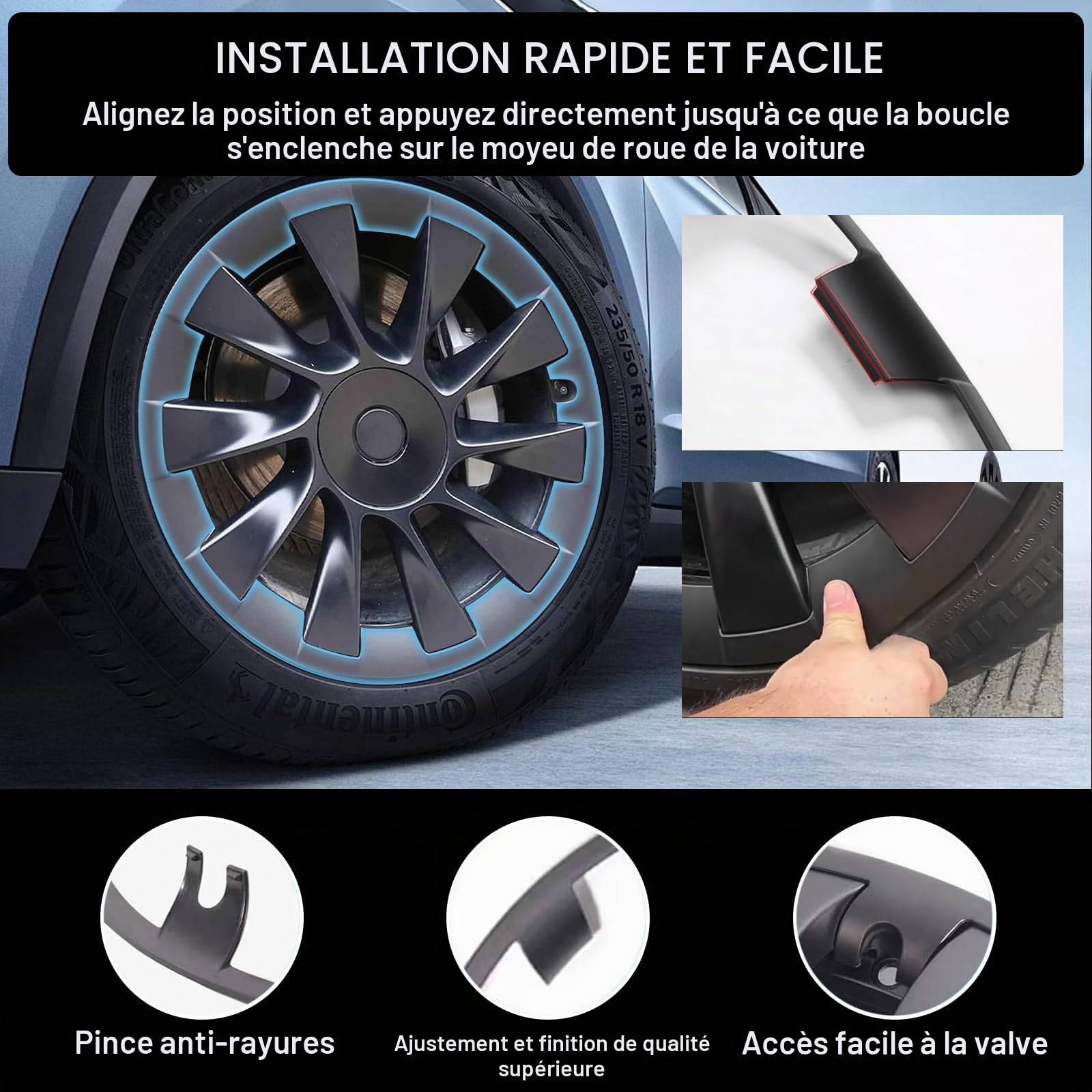 Protecteur de Jante de Roue de 20 Pouces pour Modèle Y, Enjoliveurs de Rechange pour Enjoliveurs de Roue pour Modèle Y 2019‑2024, Couvercle de Protection de Moyeu, Noir Mat Paquet de 4 (Model Y)