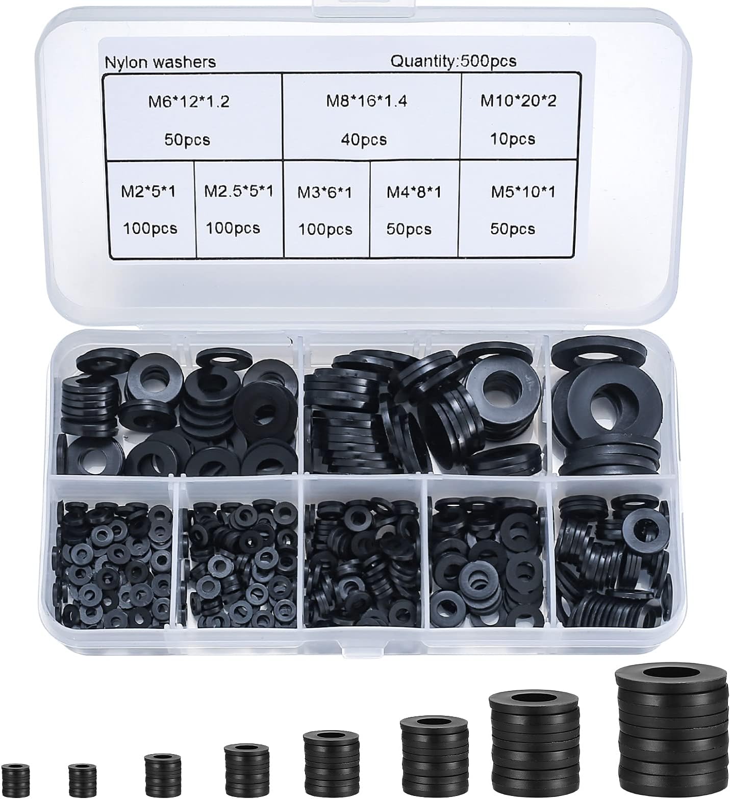 500 pieces black nylon gaskets, plastic flat O-ring gasket, round faucet gasket assortment for pipes, faucets, mechanical repair - M2/M2.5/M3/M4/M5/M6/ M8/M10
