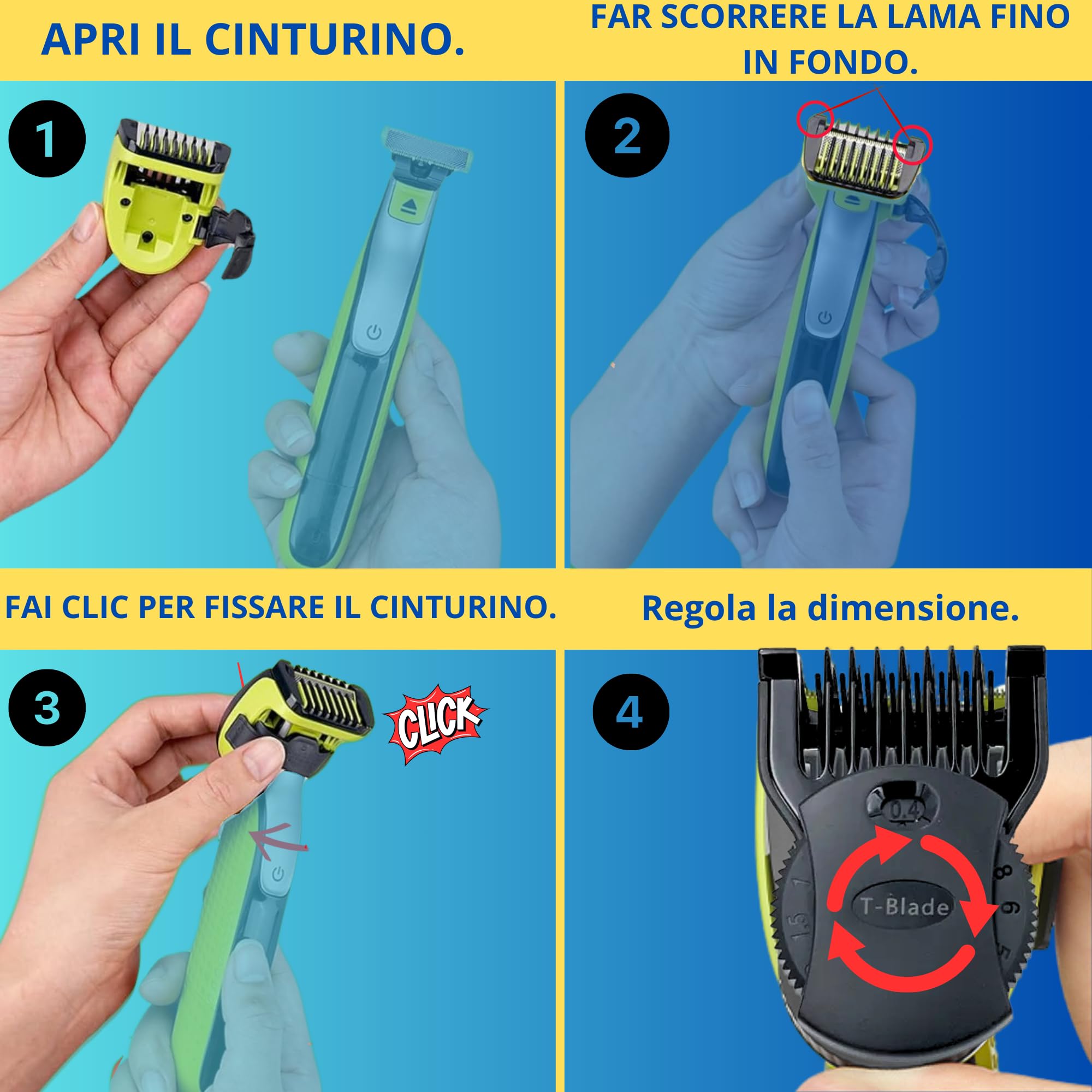 Zoccolo brevettato V2 compatibile con One Blade Visage+Corpo QP2520,QP2530,QP2620,QP2630,QP27xx,QP28xx, con protezione pelle, pettine corpo, spazzola - Euipo Patent : 015048382-0001
