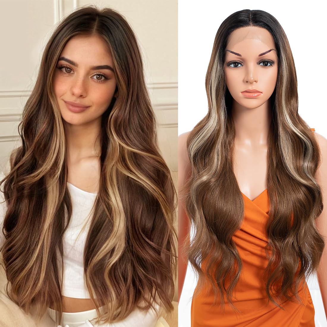 TTHL 30 Inch Body Wave Long Synthetic Lace Front Wig - 13X4.5X1, 180 Density, Heat Resistant, Flax Brown, Blonde, Pre Plucked