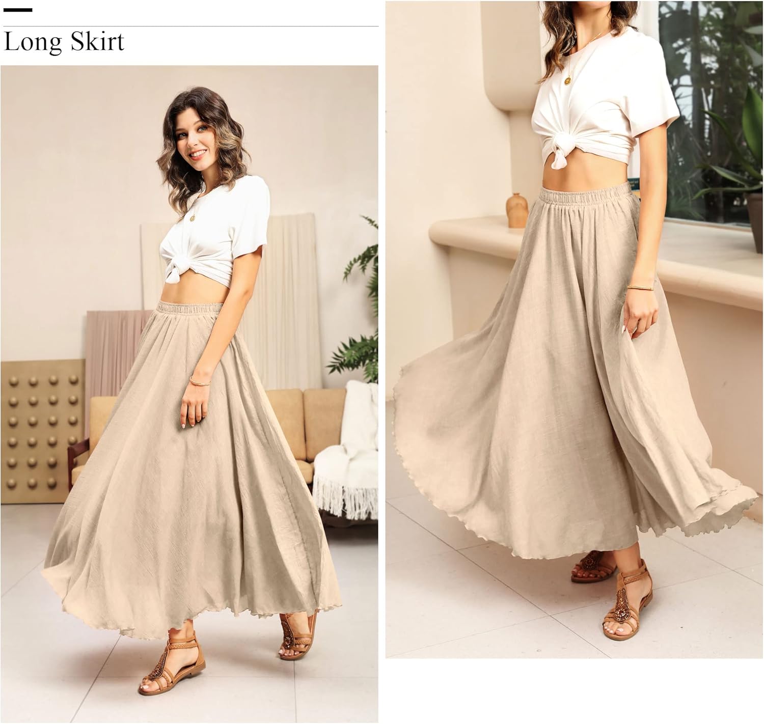 Ezcosplay Women Bohemian Beach A-Line Dress Double Layer Elastic Waist Long Maxi Skirt