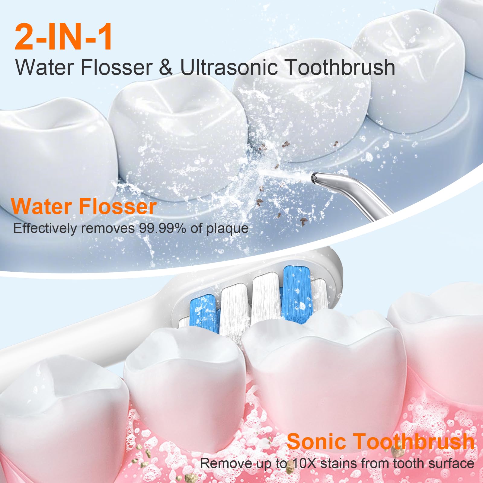 H2ofloss Sonic Elektrische Zahnbürste und Wasser Flosser Combo, Wiederaufladbare 2000mAh Zahnbürste und 2500mAh Munddusche mit 300ml Tank, 4 Bürstenköpfe, 5 Düsen, 2 in 1 für Zuhause und Reisen