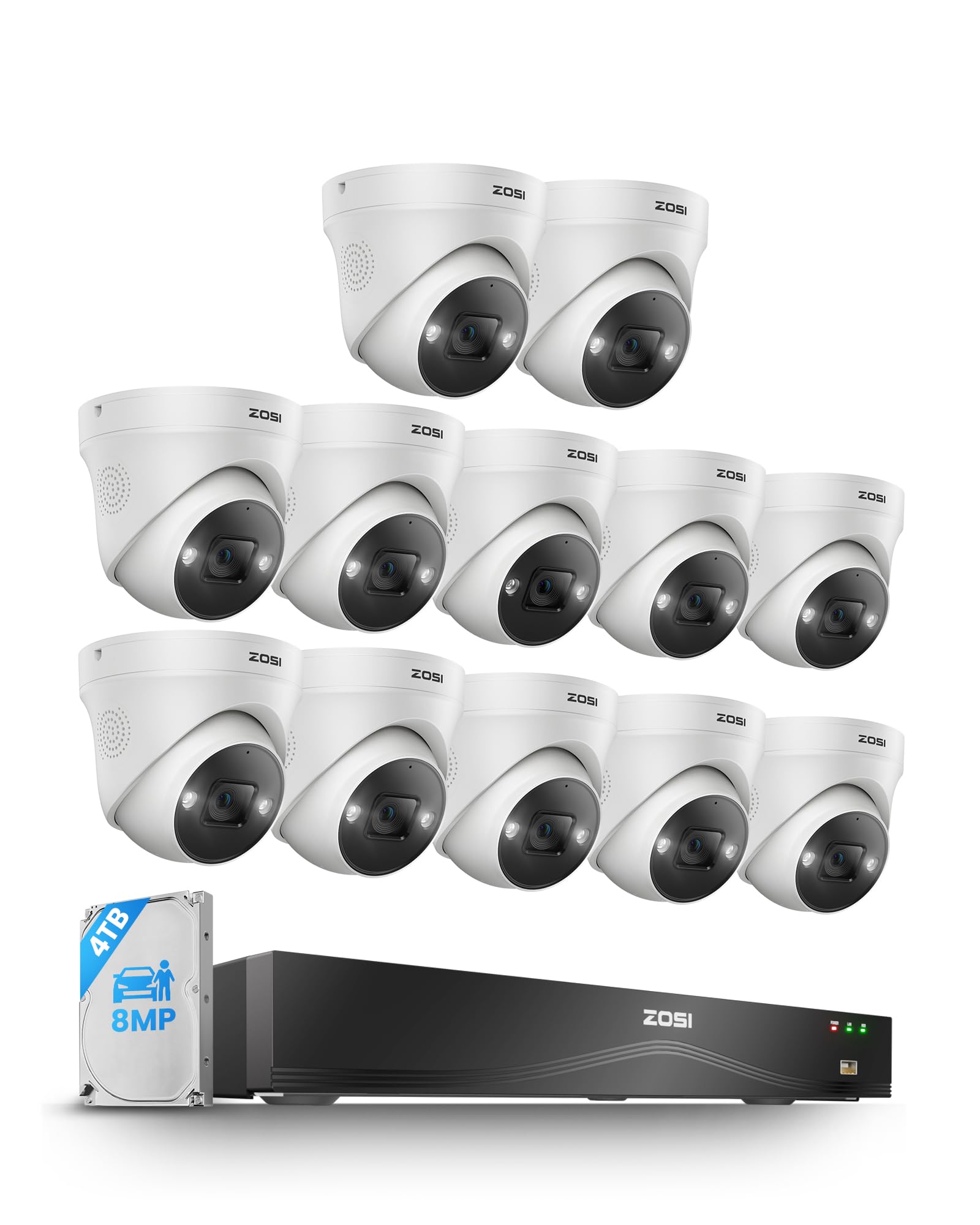 ZOSI 32CH 4K PoE Security Camera System with Person/Vehicle Detection,12x 8MP Indoor Outdoor Dome Cameras,2 Way Audio,Color Night Vision,16Port