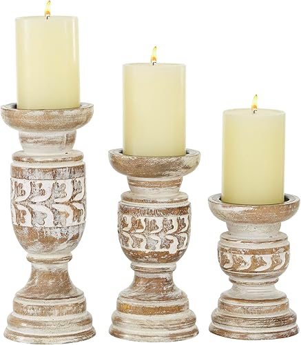 Deco 79 Portavelas de madera hecho a mano con diseños tallados, juego de 3 6 pulgadas, 8 pulgadas, 10 pulgadas de alto, beige