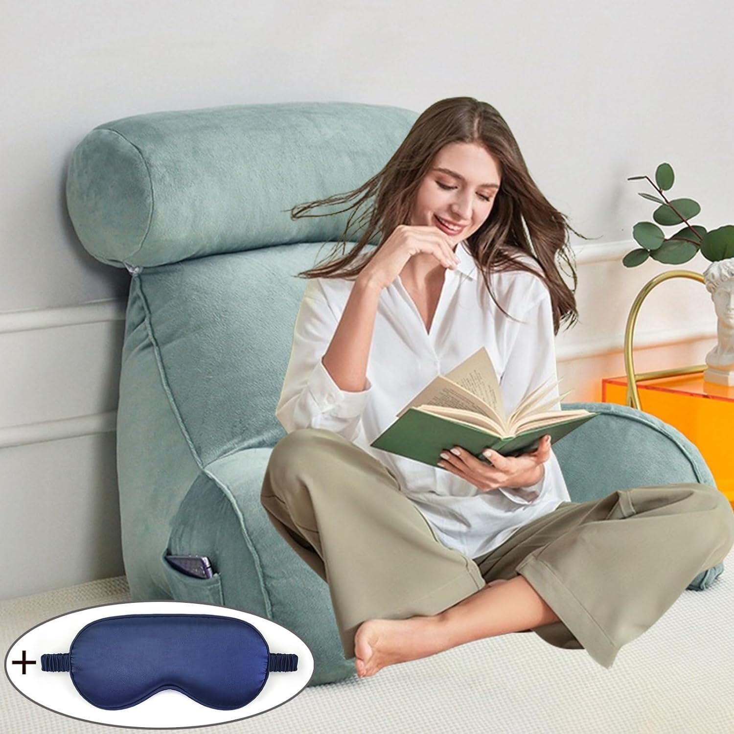 Oreiller de lecture bleu azur 75x40x50cm avec dossier en peluche confortable