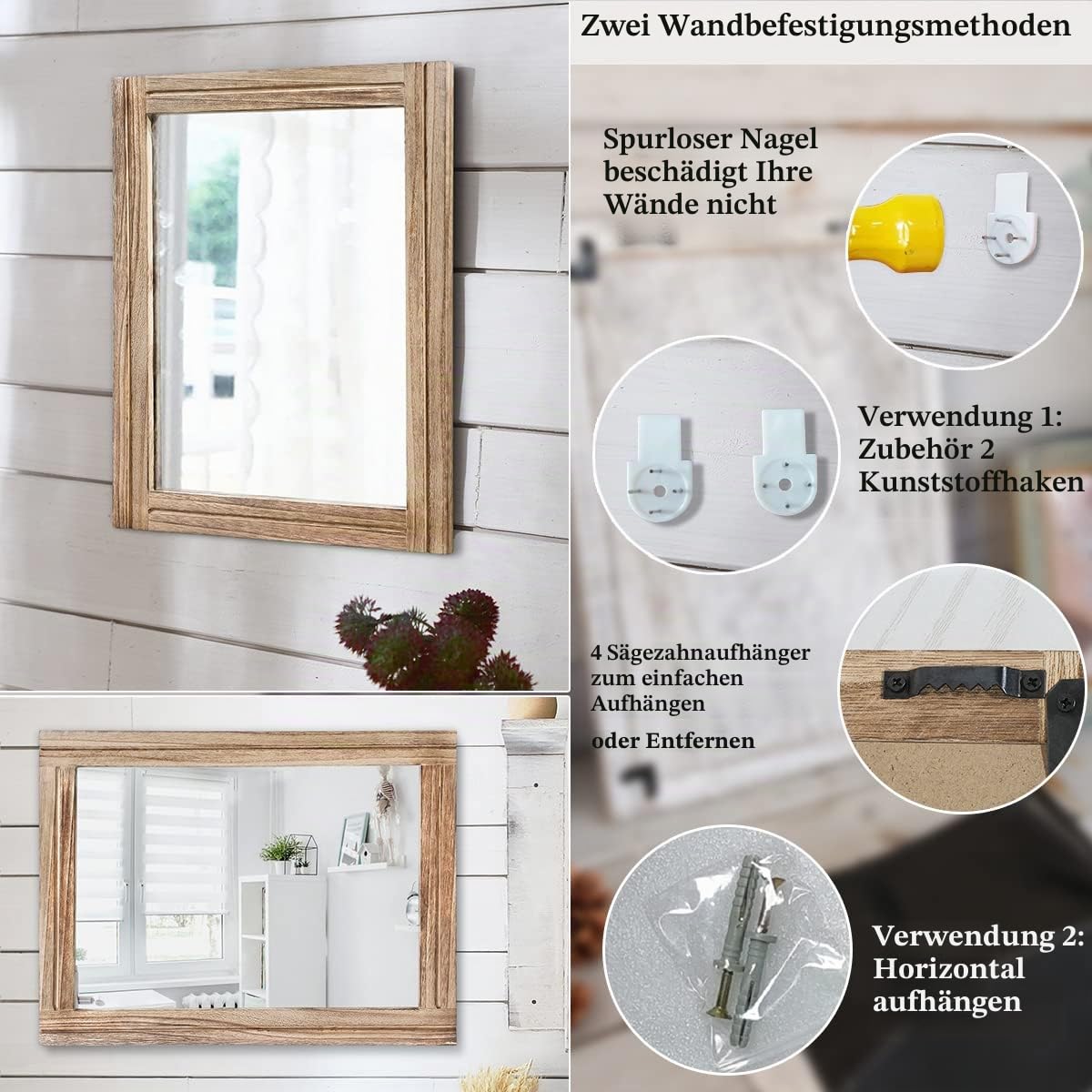 AAZZKANG Rustikale Spiegel für die Wand, rechteckig, Holzrahmen, Spiegel, 50 x 40 cm, Bauernhaus, Schlafzimmer, Badezimmer, dekorativer Spiegel