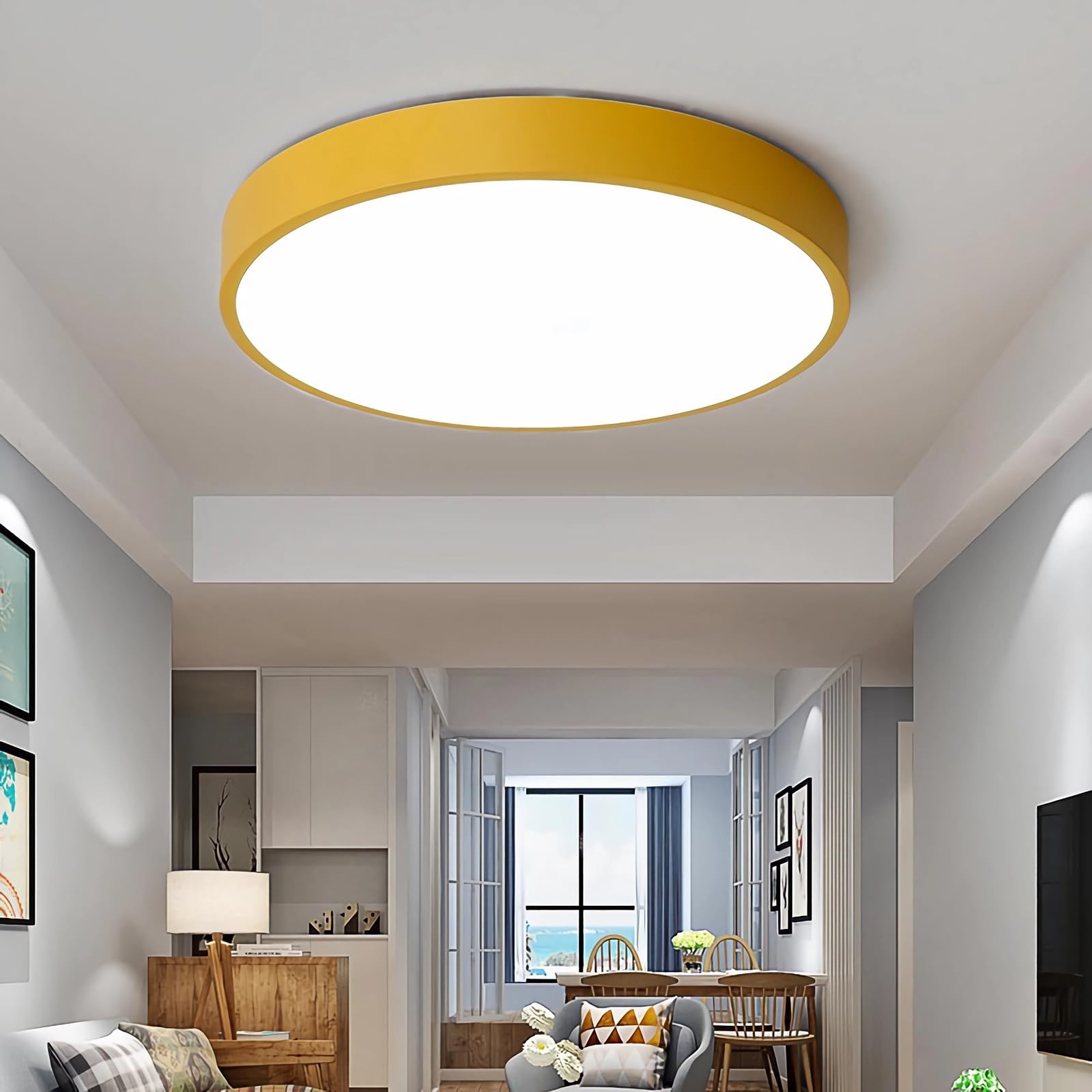 WDBZTJ LED Flush Mount Ceiling Light with Remote Control, Dimmable Round Ceiling Lamp with Acrylic Lampshade, Modern Ceiling Light for Living Room, Hallway, Bathroom, Bedroom,Yellow,40cm