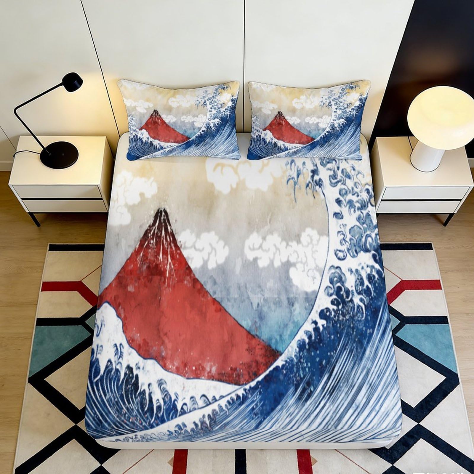 Pnayamiorkfel Style-6 3D Printed Japanese Wave Fitted Sheet Microfiber Red Fuji Mountain Bed Cover For Bedroom Guestroom Decor 90X200x25cm