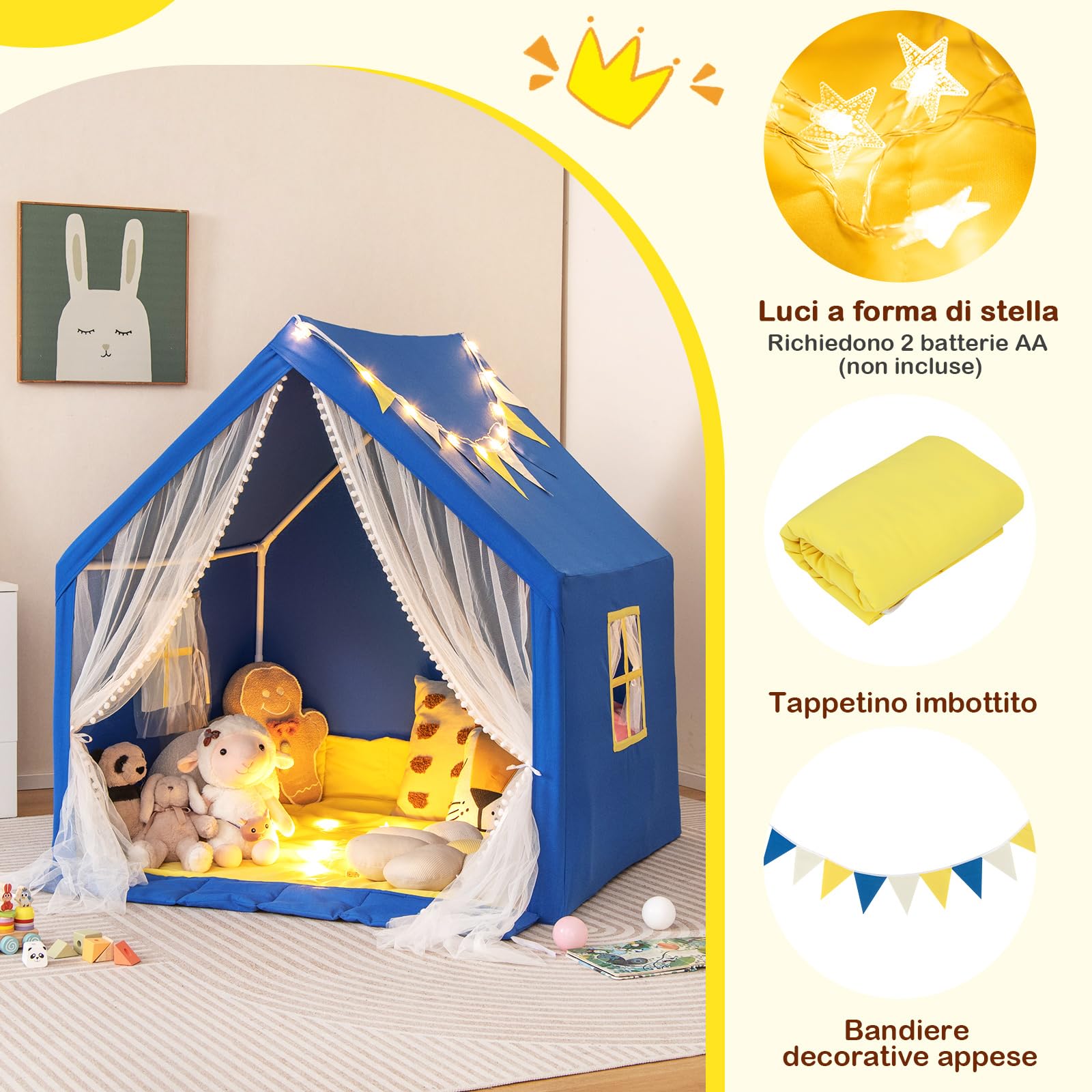 COSTWAY Tenda da Gioco per Bambini, Casetta per Bambini con Tappeto in Cotone Lavabile Luci Stellari e Finestre, Tenda del Castello, 122x105x125 cm (Blu)