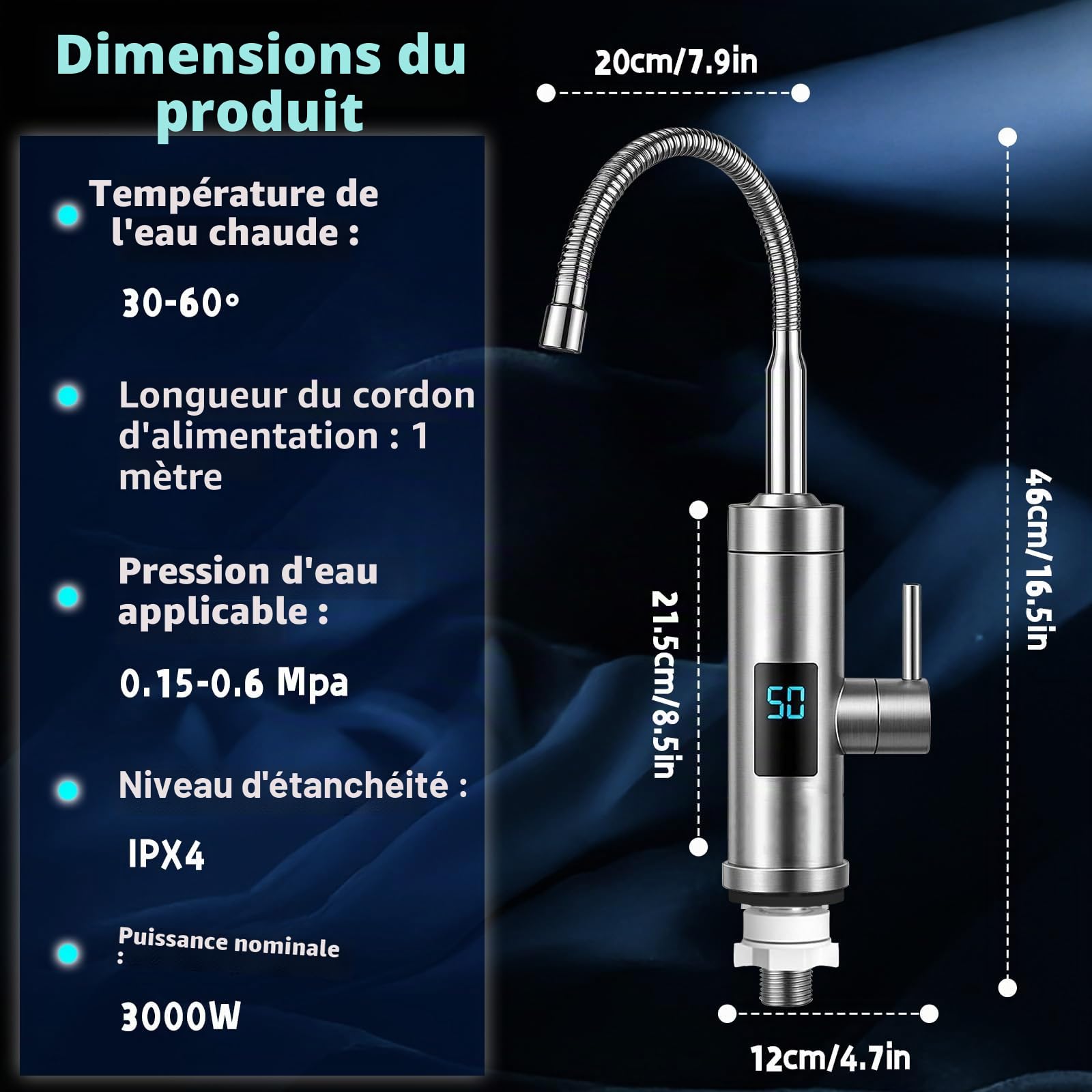 Robinet avec Chauffe-eau Instantané, 3000W Inoxydable Chauffe-eau Electrique, 360° Affichage de la Température LED, Chauffe-eau pour Cuisine et Salle de Bain pour Caravane de Jardin Potager, Max. 60℃