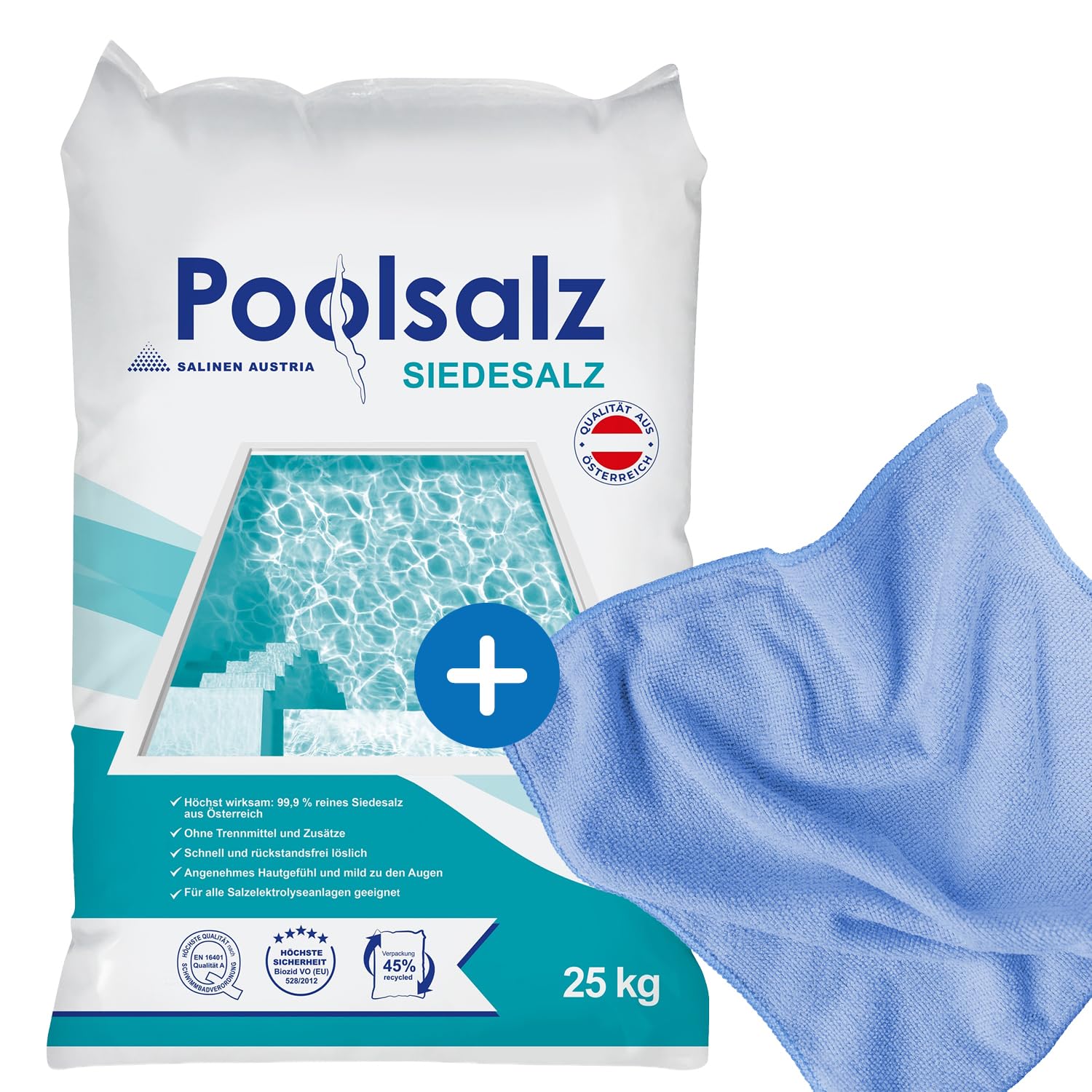 Salinen Poolsalz 25 kg 92936, Hochreines Siedesalz für Salzwasserpool und Salzelektrolyseanlage, schnell löslich und rückstandsfrei, inklusive kör4u Mikrofasertuch